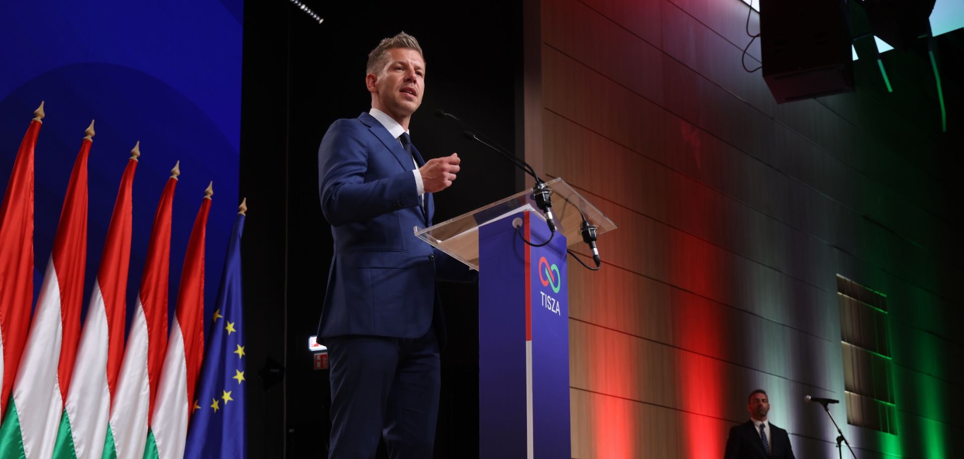 Peter Magyar, lead candidate of the Tisza party, speaks to reporters in Budapest on April 13, 2026, after his party's sweeping victory in Hungary's parliamentary elections.