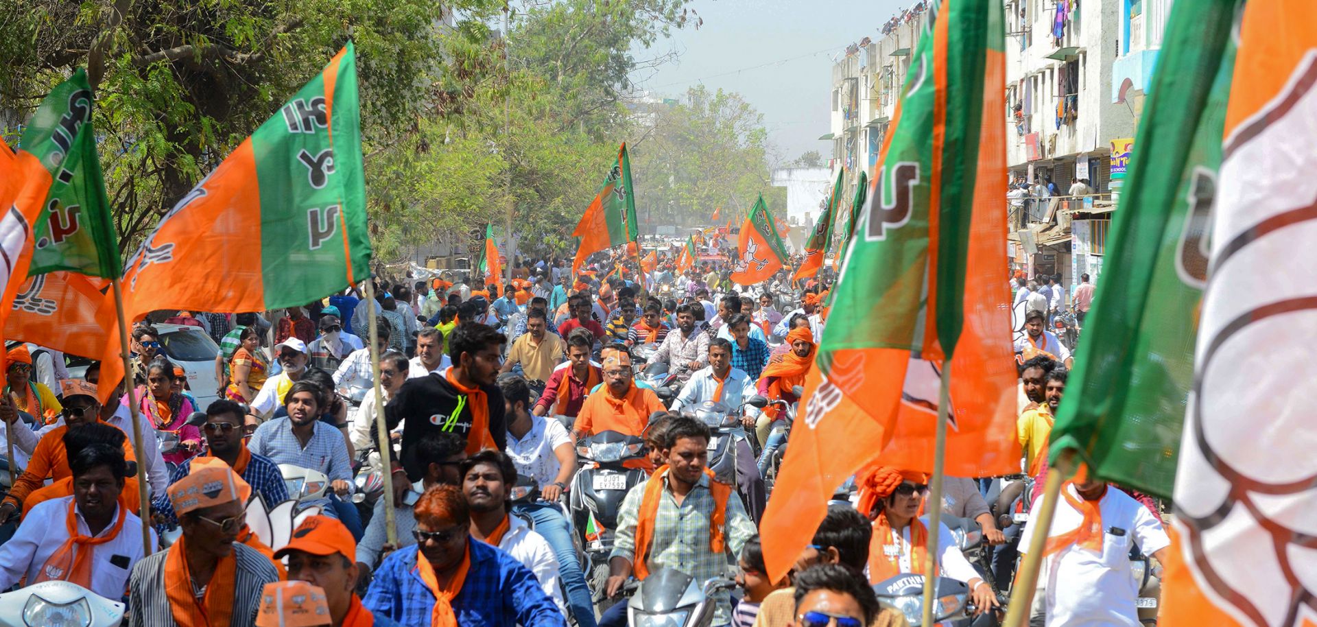Bharatiya Janata Party supporters gather to follow national party President Amit Shah on April 6, 2019, in the Indian city of Ahmedabad.