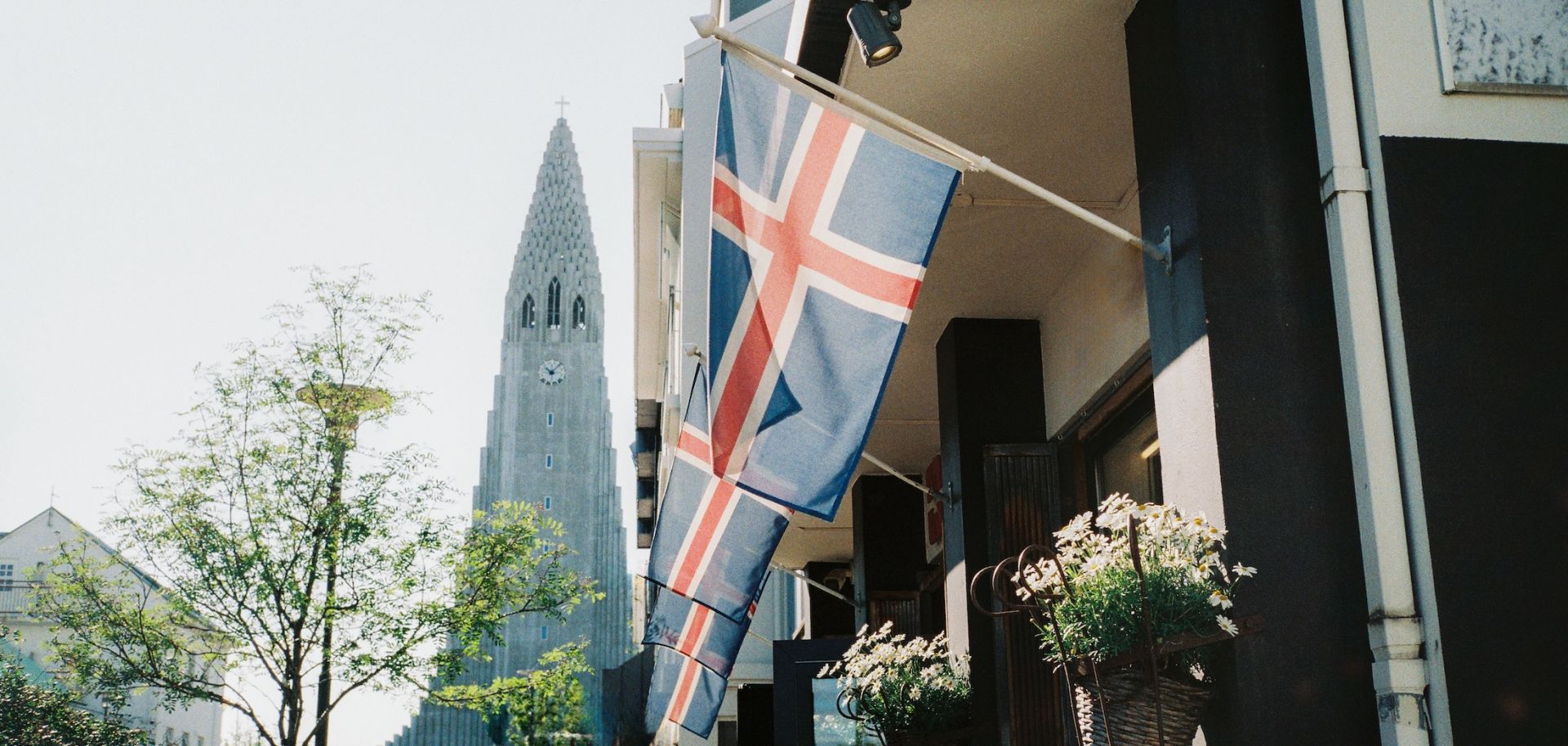 Icelandic flags are seen on a street in Reykjavik.