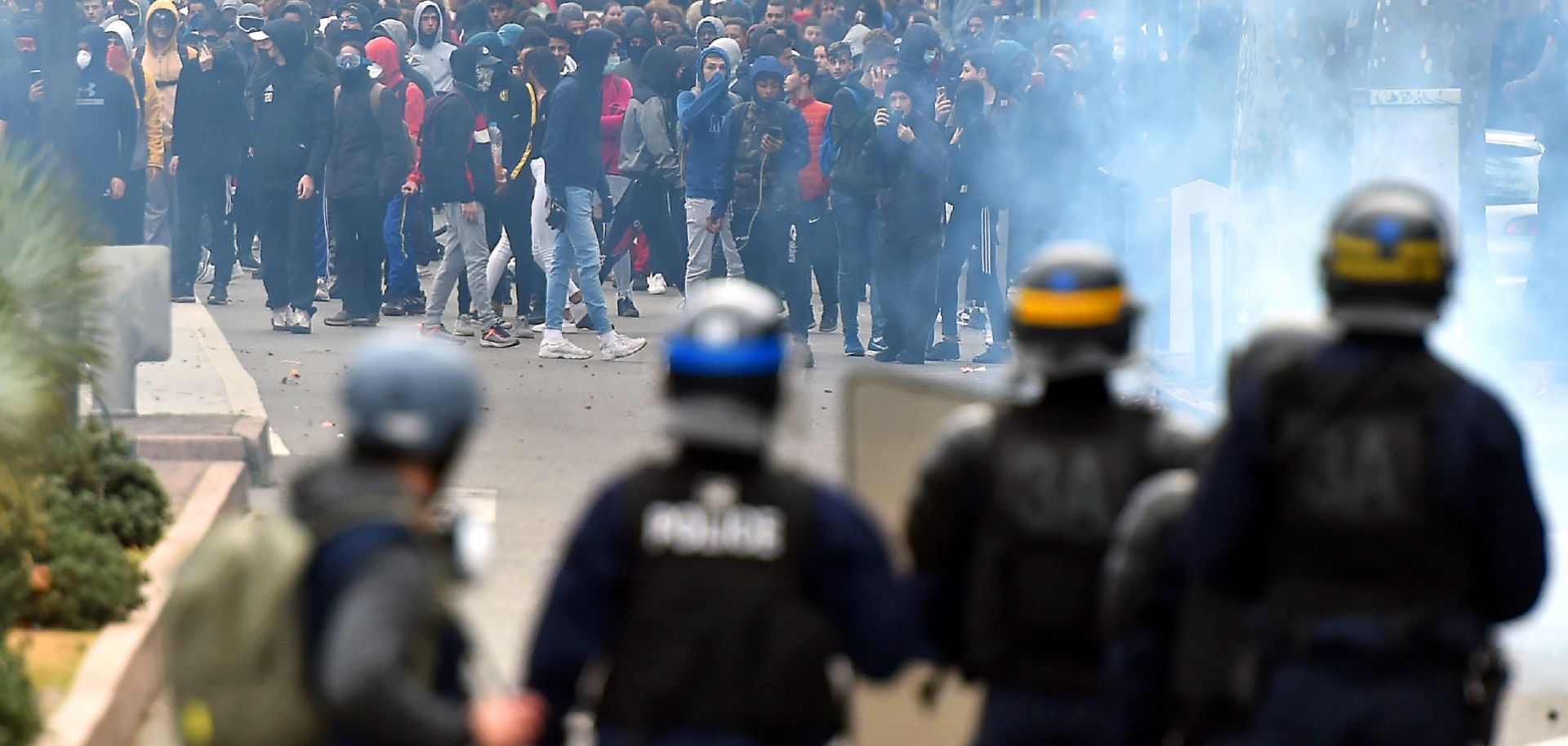 Protesters face riot police on Dec. 7, 2018, in Toulouse, France.