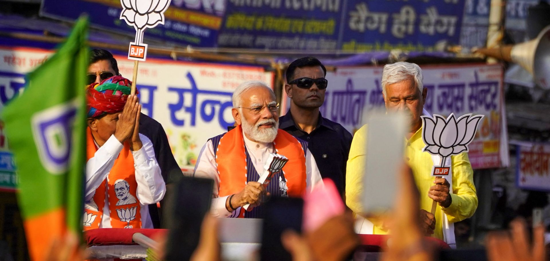 Indian Prime Minister Narendra Modi (C) April 12 in Dausa, India.