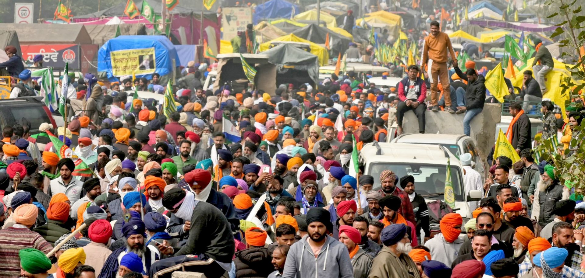 Farmers gather during a protest demanding minimum crop prices, near the Haryana-Punjab state border in the Indian village of Shambhu, located about 200 kilometers north of New Delhi, on Feb. 21, 2024. 