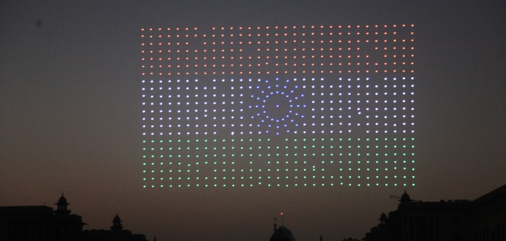 A swarm of drones make an Indian flag in the sky over New Delhi, India, on Jan. 29, 2022.