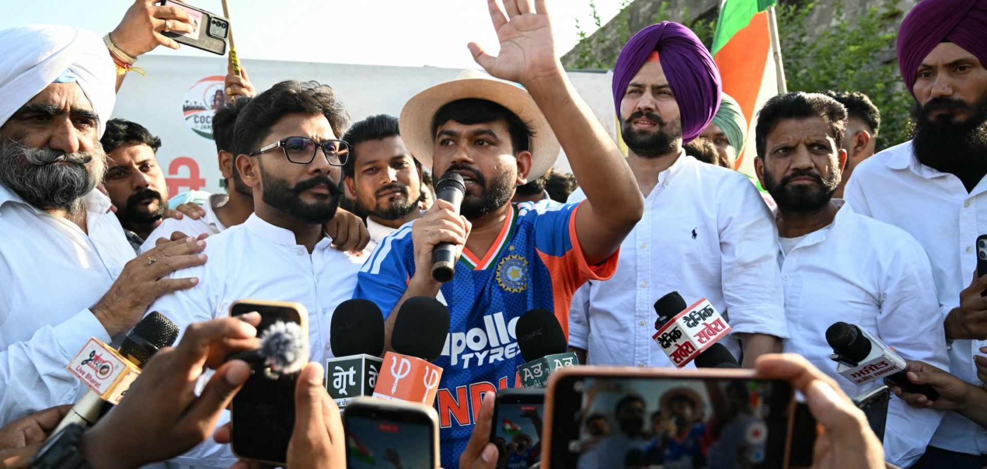 Cockroach Janta Party founder Abhijeet Dipke (center) participates in a protest in Amritsar, India, on June 13, 2026.