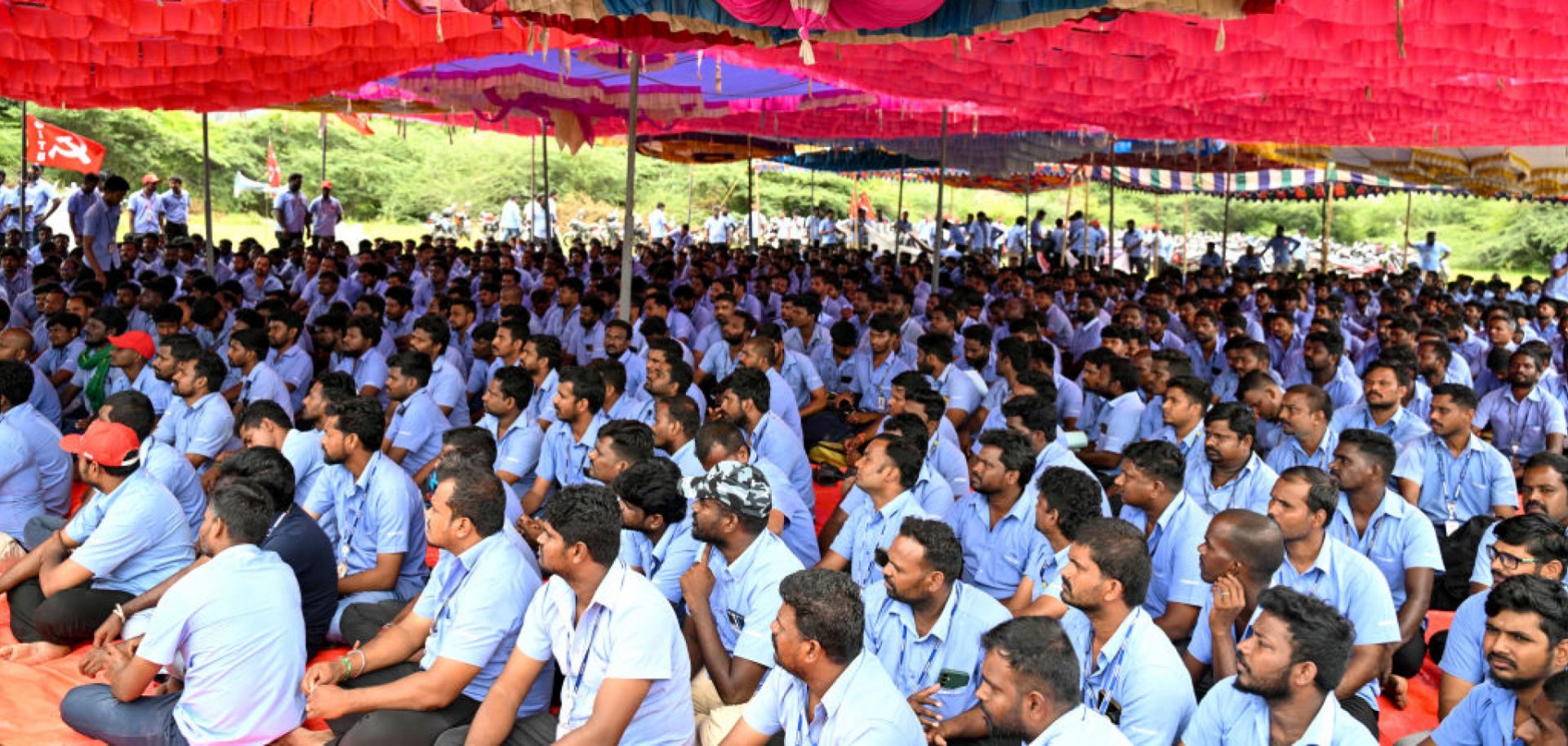 Workers at the Samsung plant in Sriperumbudur, India, stage a protest to demand higher wages and recognition of their union on Sept. 11, 2024. 