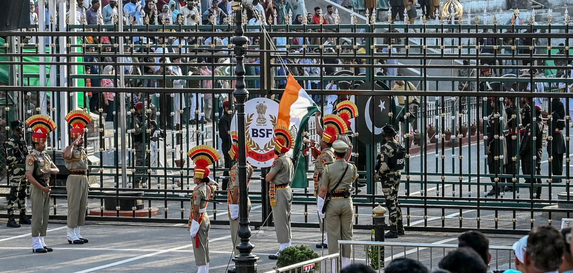 Indian and Pakistani border forces at the Wagah border post separating their countries April 25 near Amritsar, India.