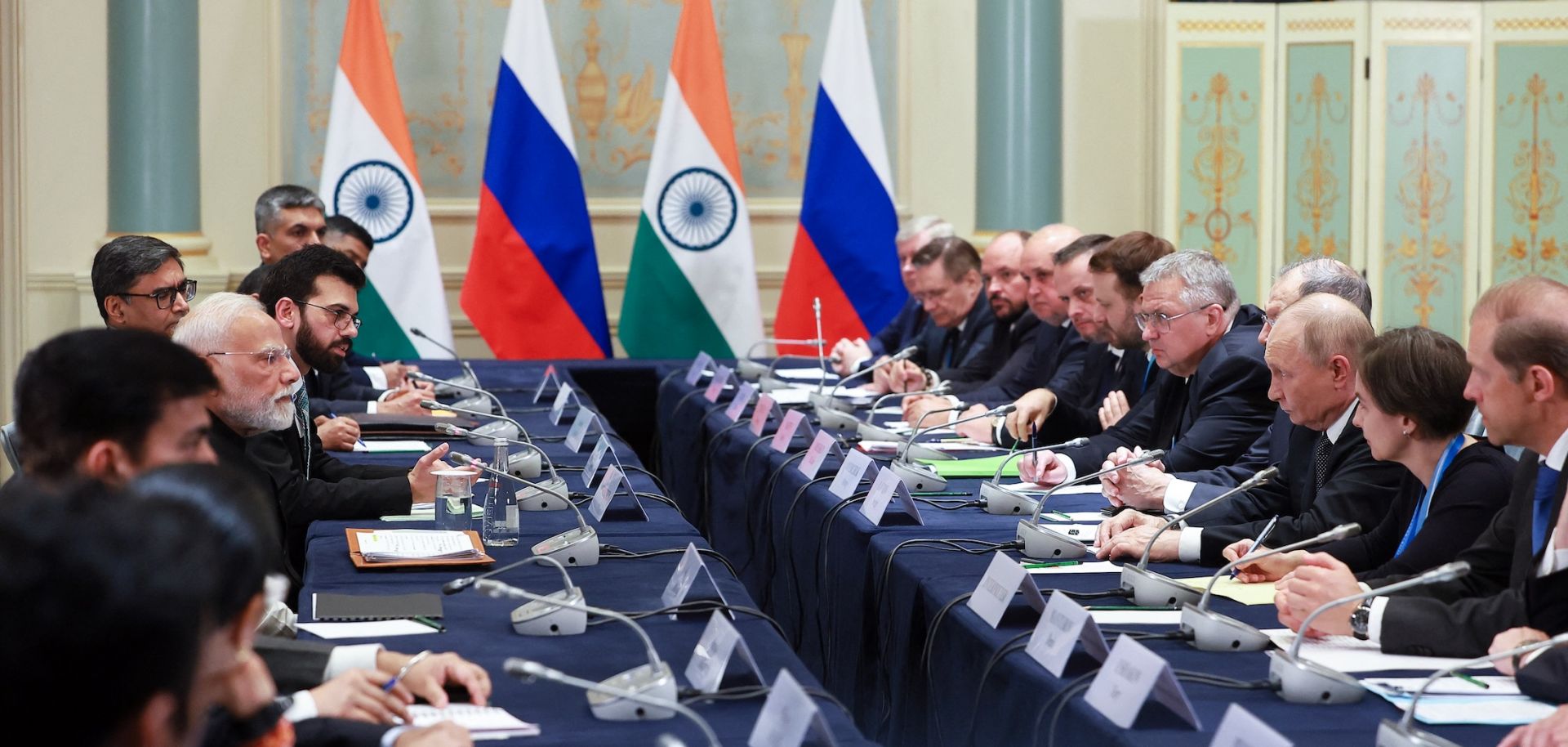 Russian President Vladimir Putin and Indian Prime Minister Narendra Modi hold a meeting on the sidelines of the Shanghai Cooperation Organisation (SCO) Summit in Tianjin on Sept. 1, 2025.