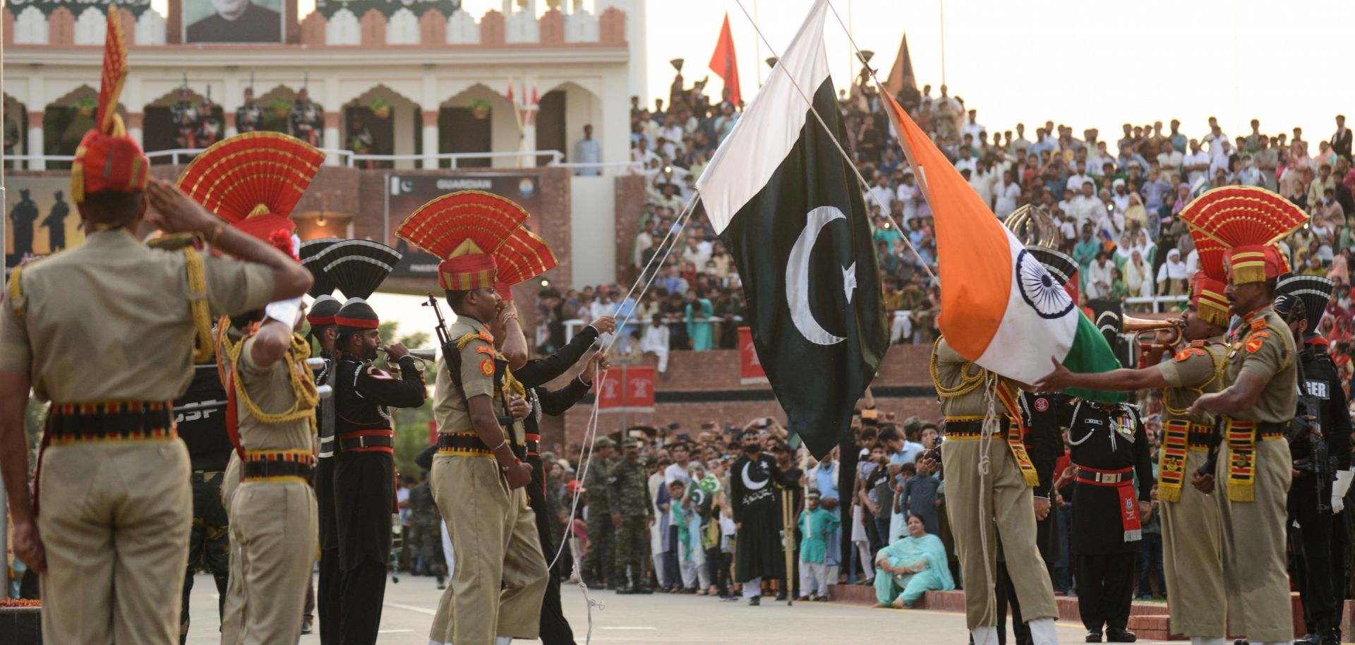 Indian and Pakistani guards take part in a ceremony at their shared border marking the changing of the guard.