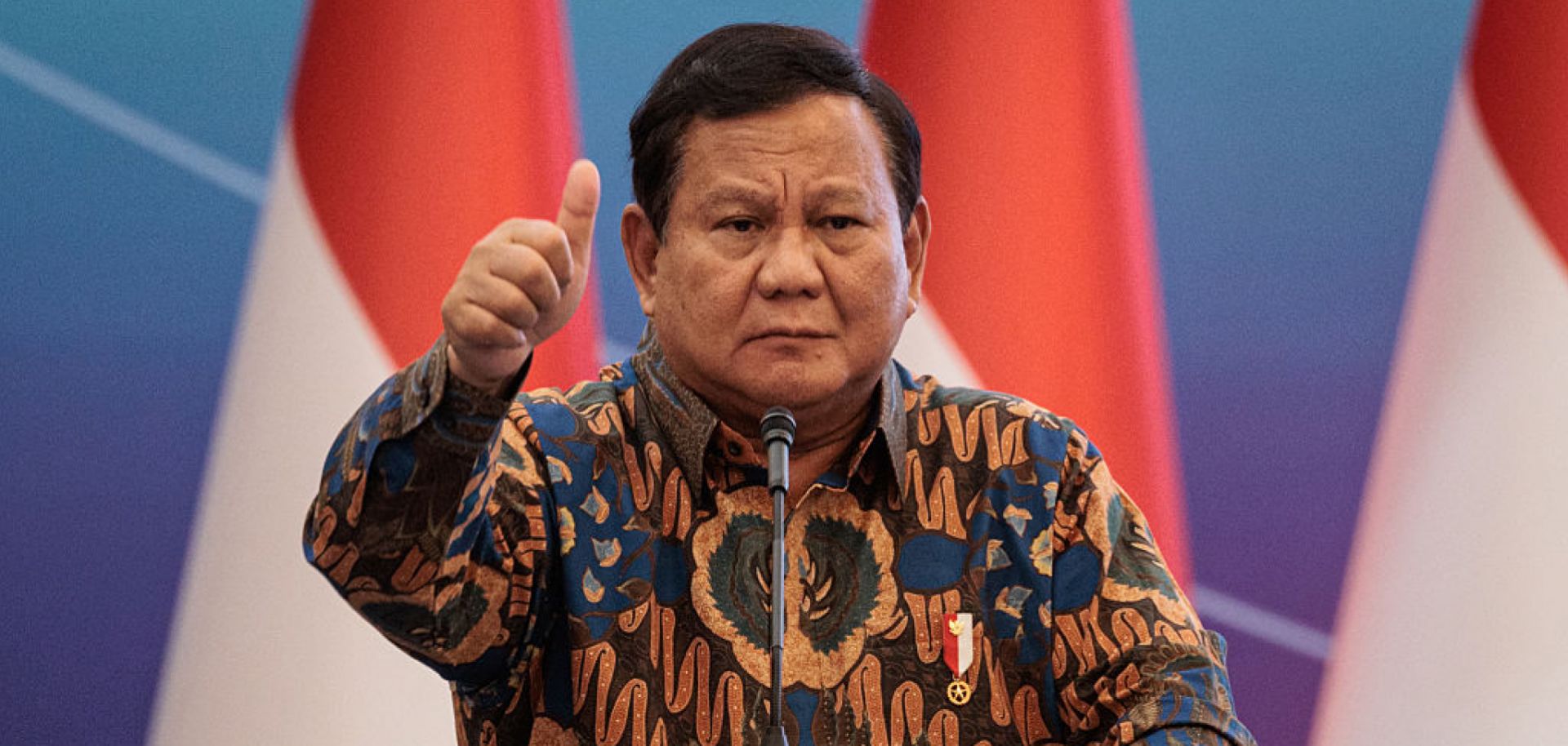 Indonesian President Prabowo Subianto speaks during an economic event in Jakarta on April 8, 2025.