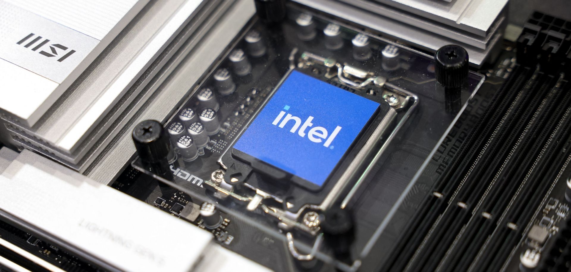 The sample of an Intel chip is displayed during Computex 2024 in Taipei on June 4, 2024. 