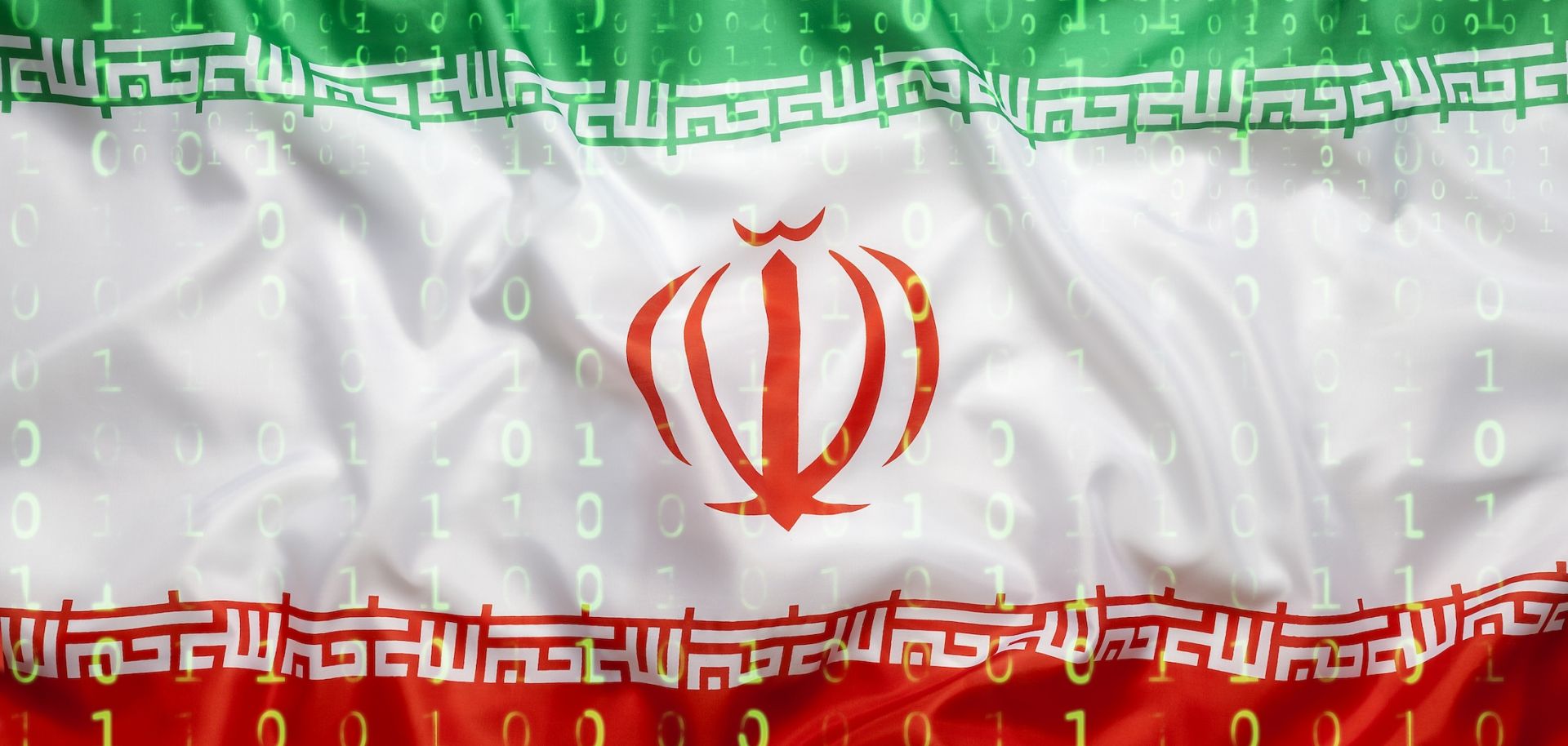 A digital illustration shows a binary code overlaying the Iranian flag.