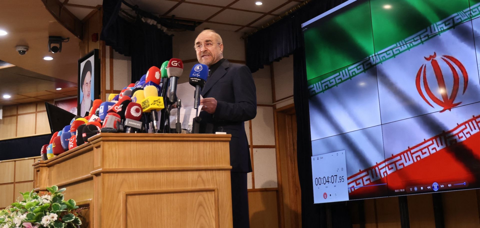 Iran's Parliament Speaker Mohammad Bagher Qalibaf addresses the media after submitting his candidacy for the country's presidential election on June 3, 2024.