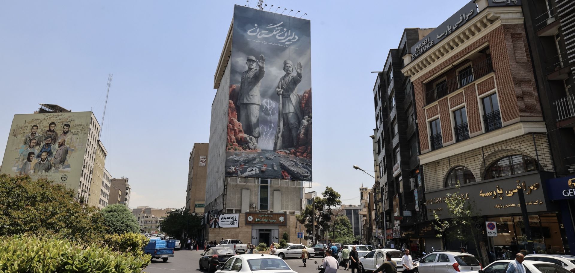 A banner depicting the closure of the Strait of Hormuz on June 3 in Tehran.