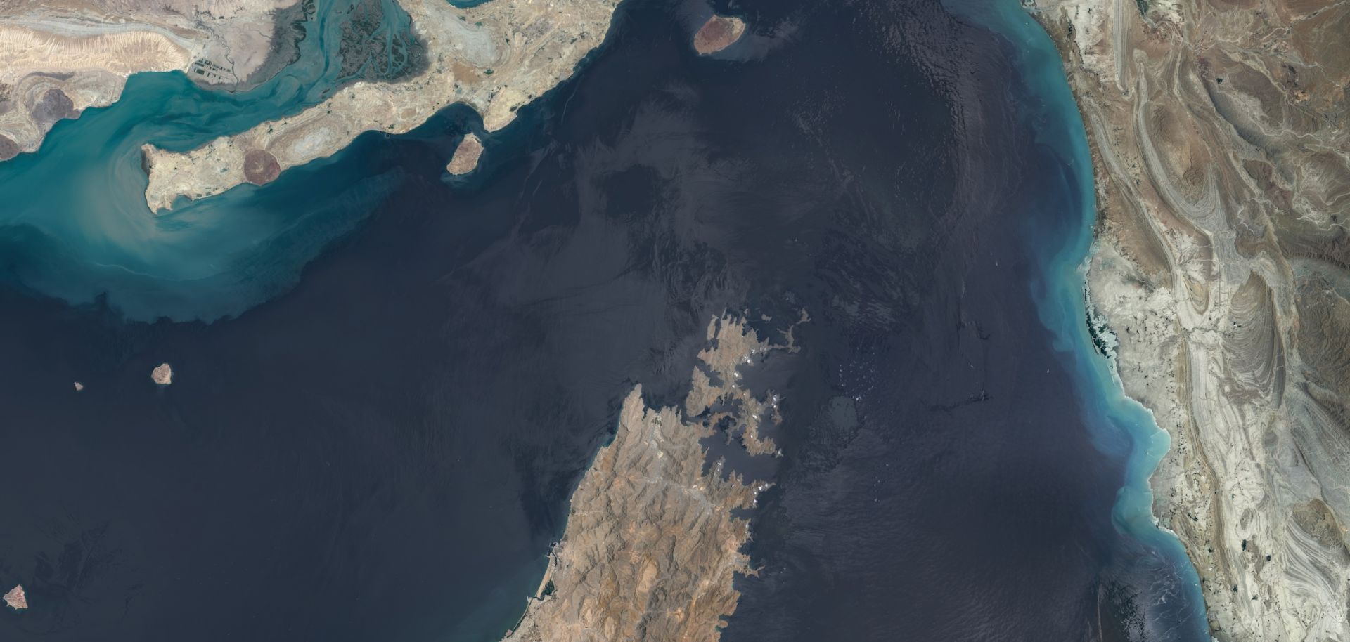 Maps4media-processed Sentinel-2 satellite imagery shows a broad overview of the Strait of Hormuz on June 16, 2026.