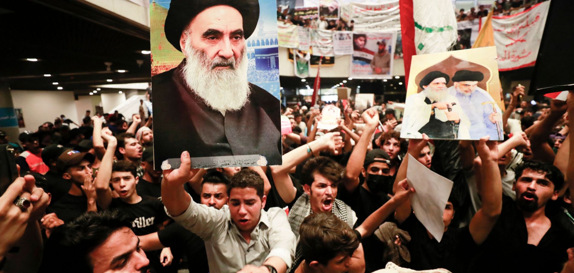 Supporters of Iraqi cleric Muqtada al-Sadr protest the nominee for prime minister from a rival Shiite faction Aug. 3, 2022, in Baghdad's high-security Green Zone.