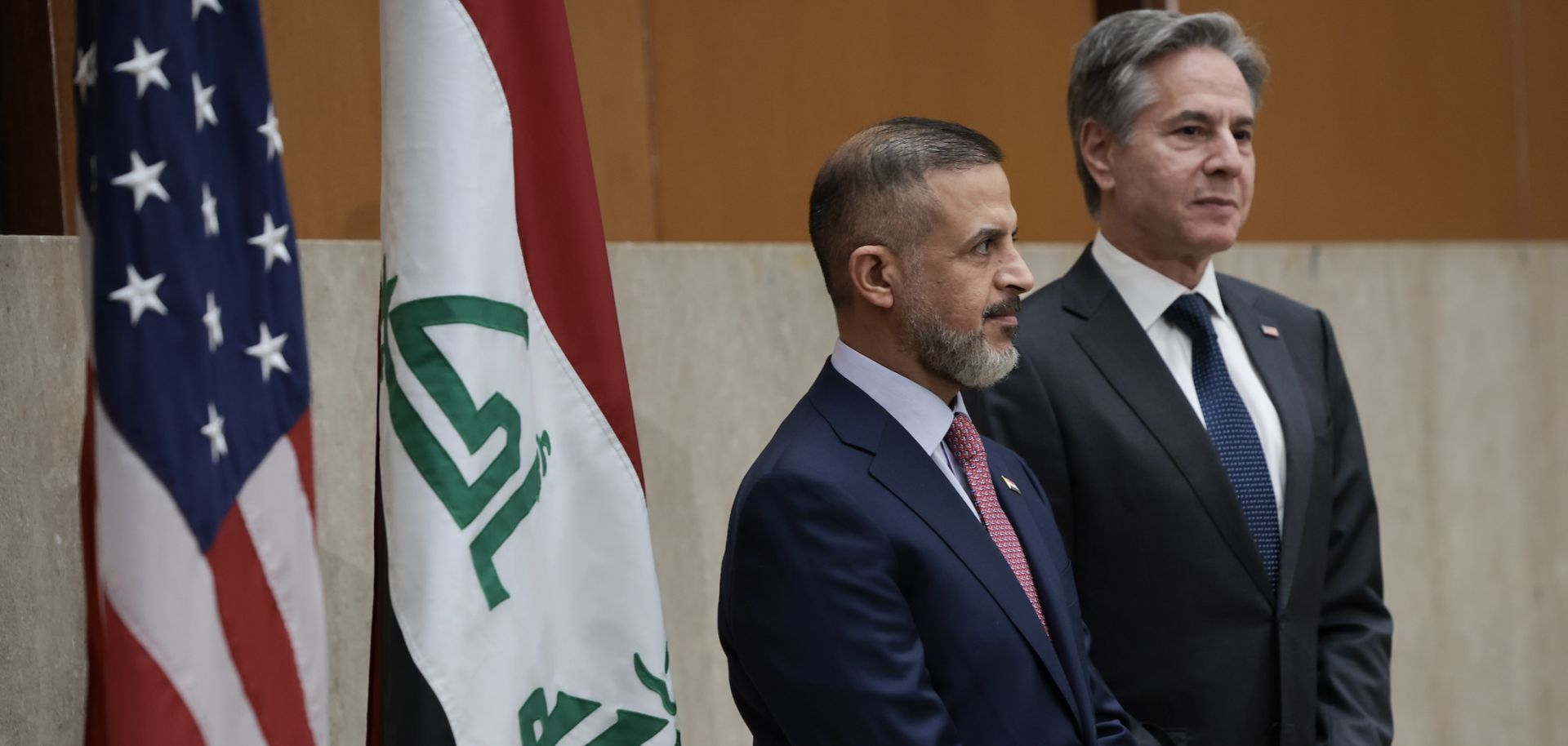 U.S. Secretary of State Antony Blinken (R) and Iraqi Deputy Prime Minister Muhammad Ali Tamim on April 15 in Washington.