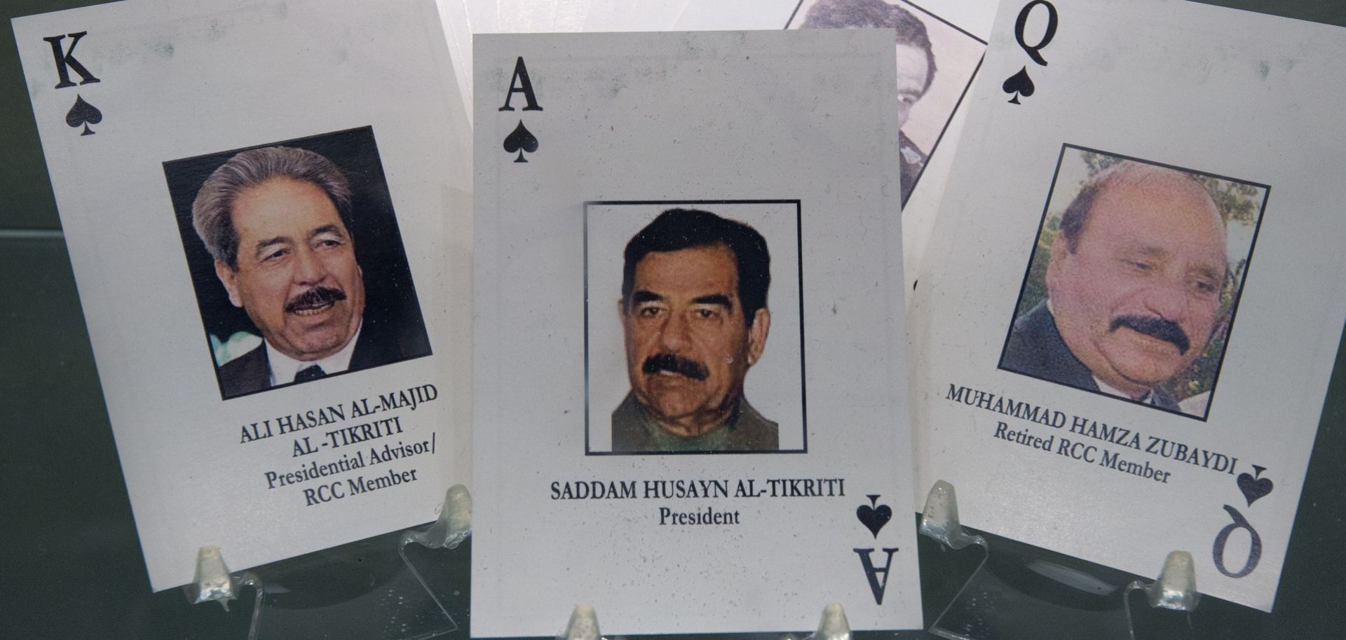 A deck of the "52 most-wanted Iraqi" playing cards from Operation Iraqi Freedom on display in October 2014 at the Pentagon showing high-level members of the Baath Party.