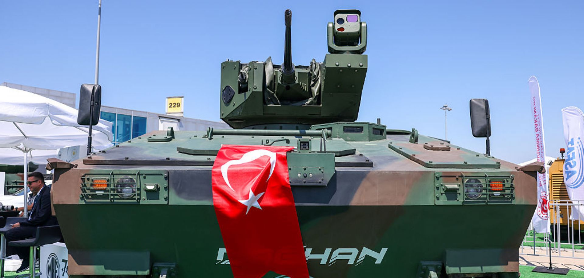 A tank is seen during Turkey's International Defense Industry Fair on July 22, 2024, in Istanbul.