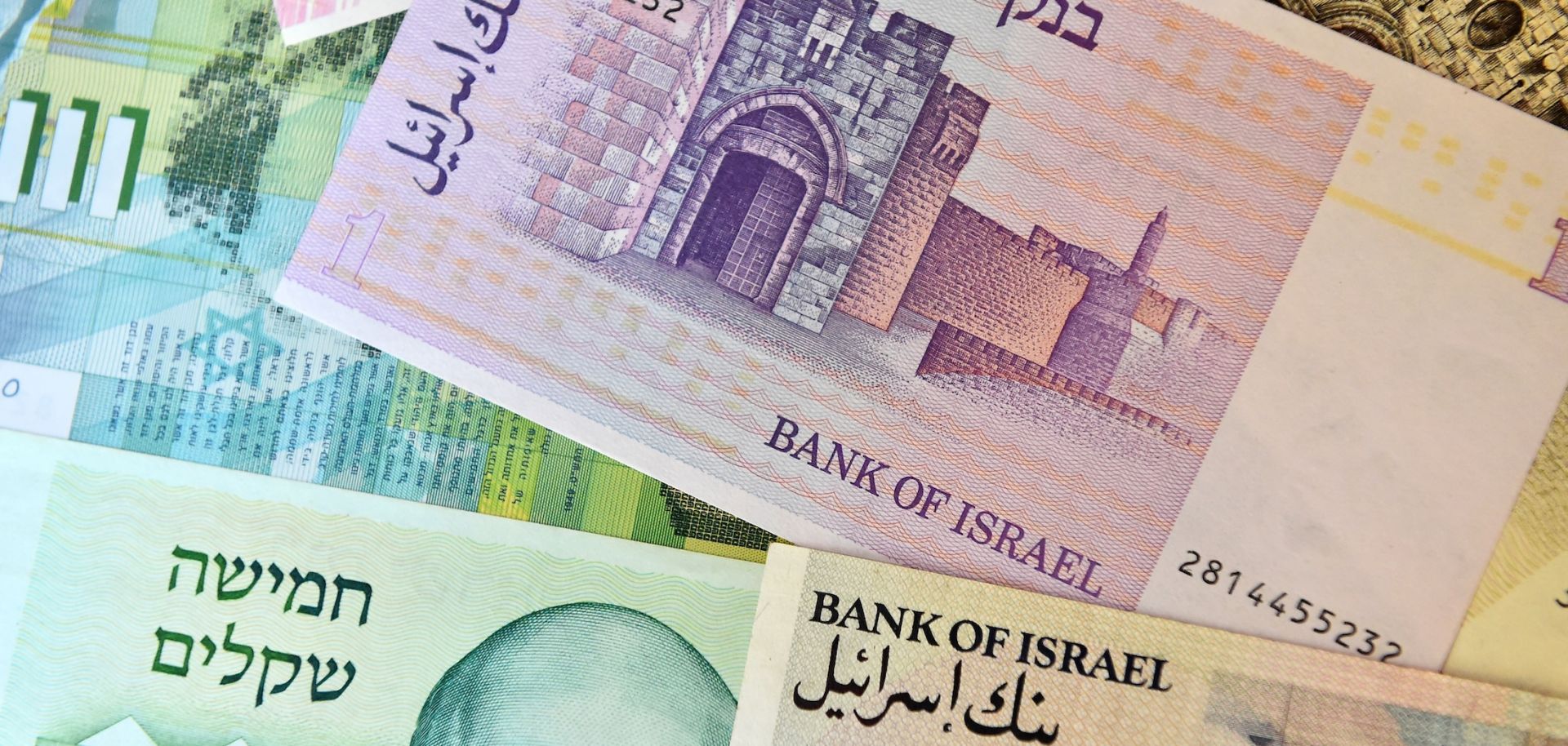 A photo of Israeli banknotes.