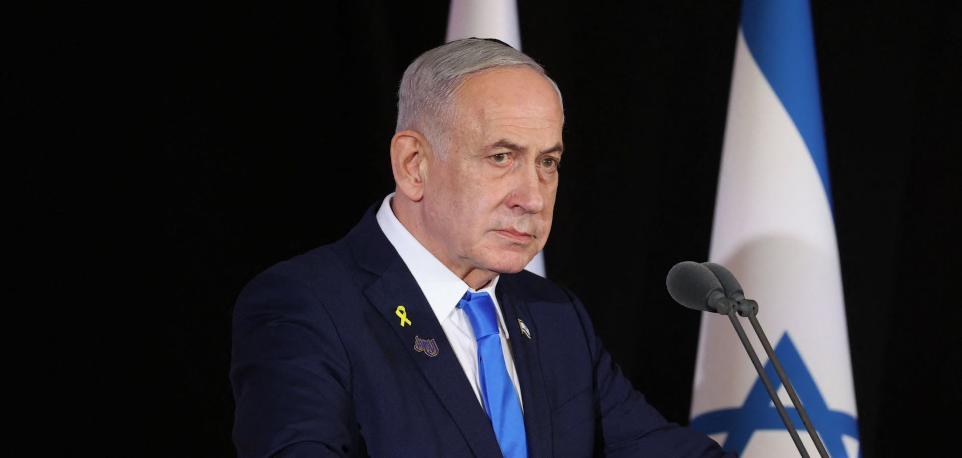 Israeli Prime Minister Benjamin Netanyahu participates in a state memorial ceremony for the fallen soldiers of the two-year Gaza war at the Mount Herzl military cemetery in Jerusalem on Oct. 16, 2025.