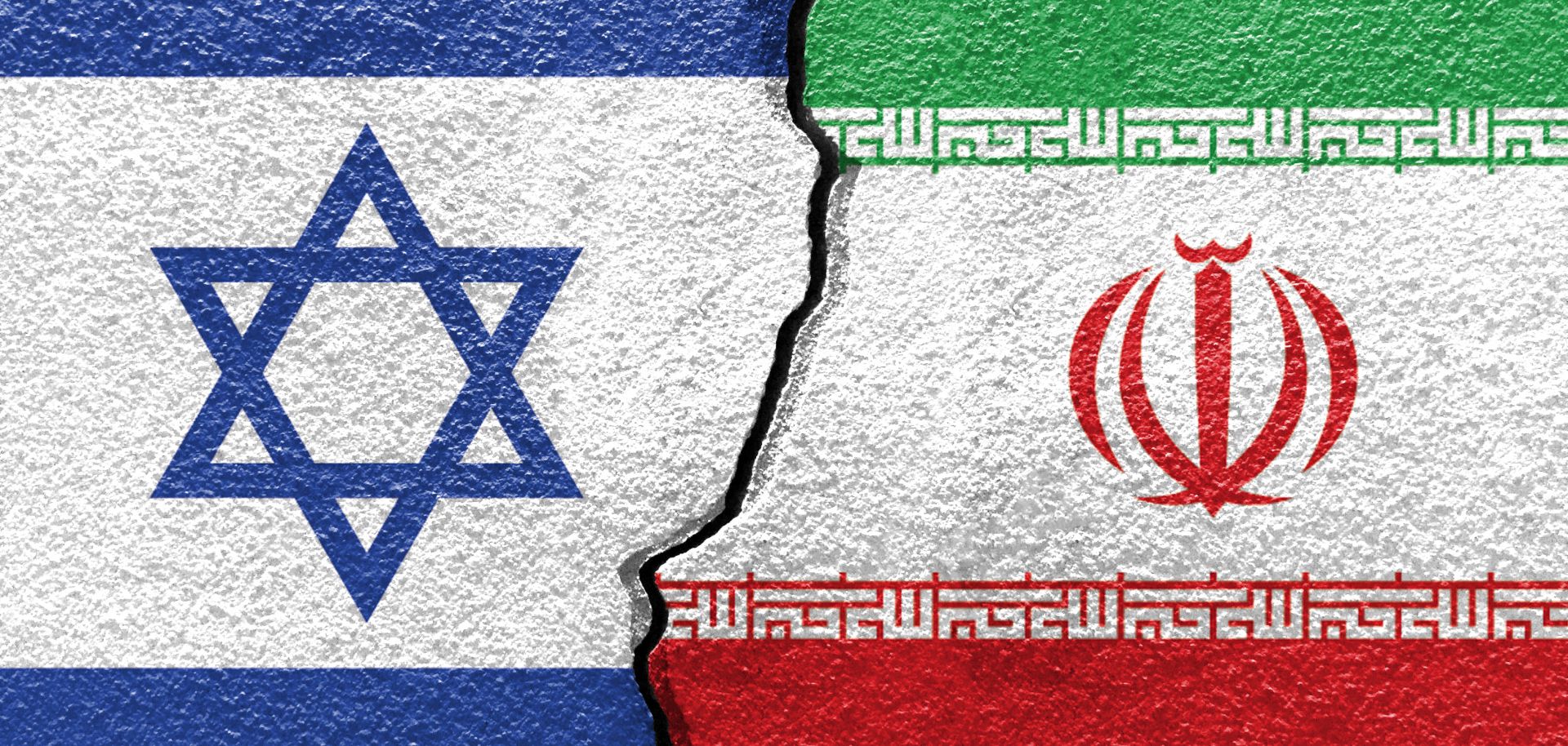 An illustration shows the flags of Israel and Iran painted on a cracked wall. 