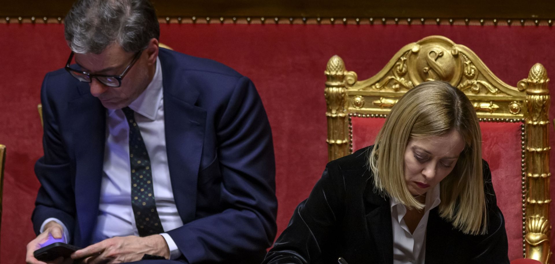 Italian Minister of Economy and Finance Giancarlo Giorgetti and Italian Prime Minister Giorgia Meloni on March 18 in the Italian Senate in Rome.