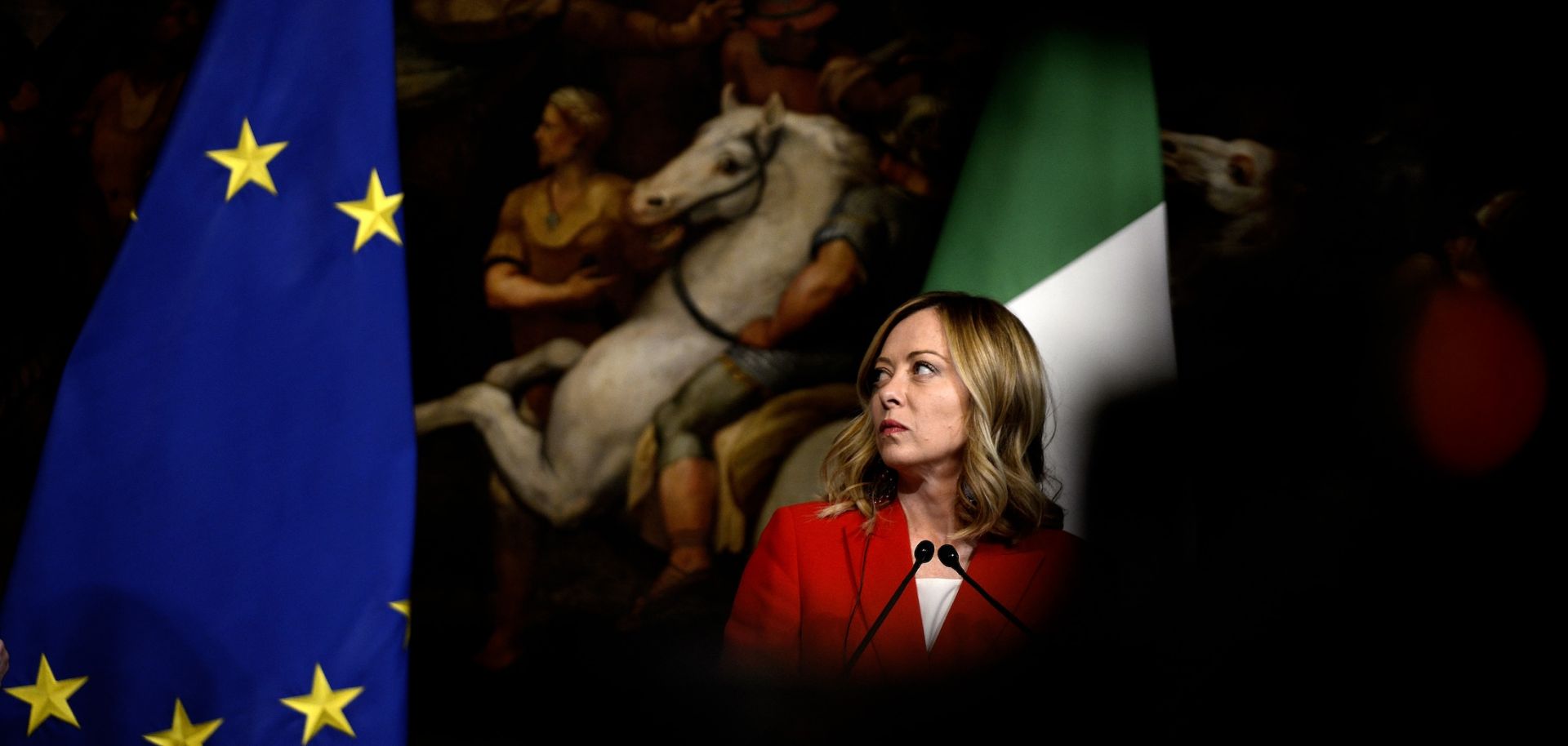 Italian Prime Minister Giorgia Meloni speaks during a meeting at Palazzo Chigi in Rome, Italy, on May 13, 2024. 