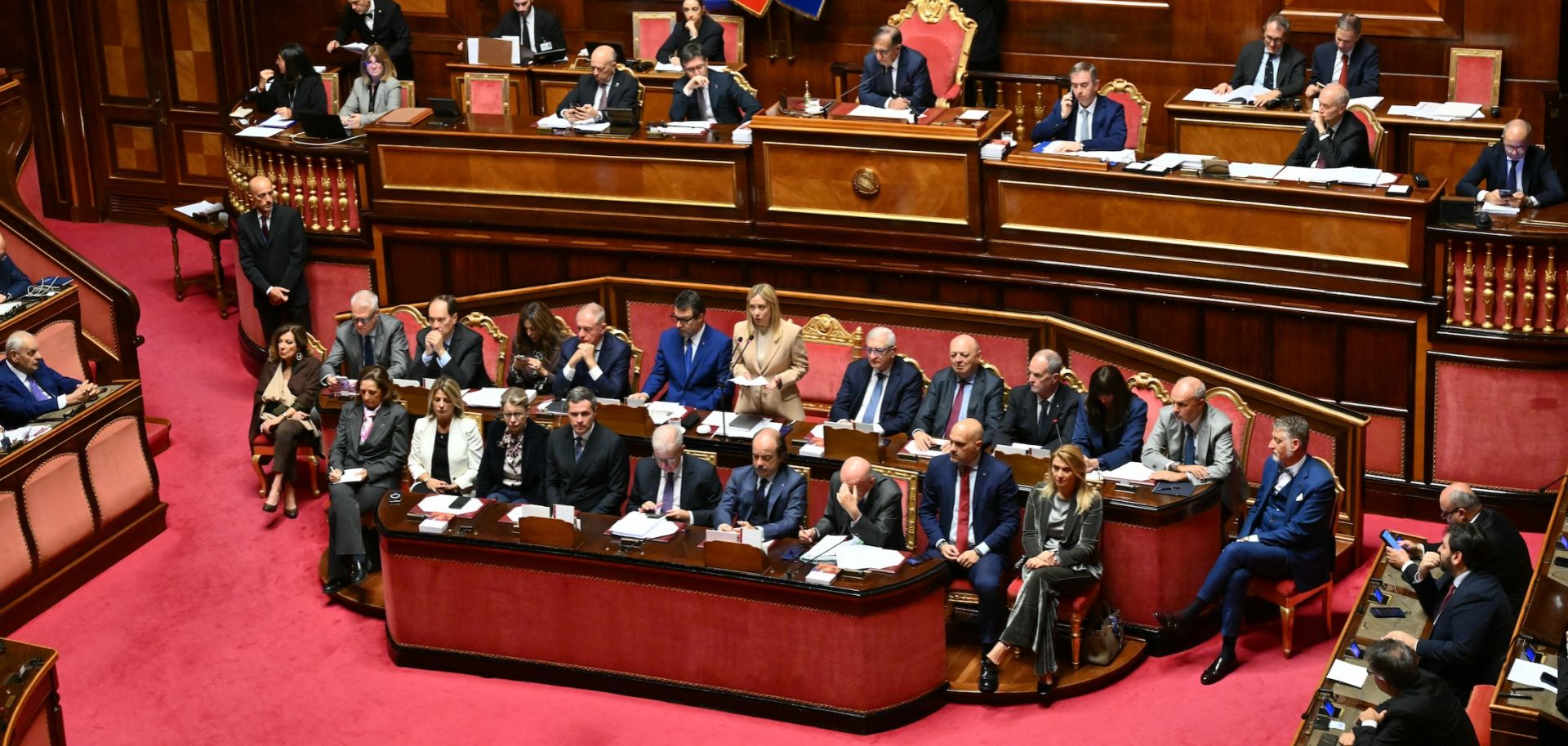 Italian Prime Minister Giorgia Meloni addresses the Senate in Rome on Oct. 22, 2025. 