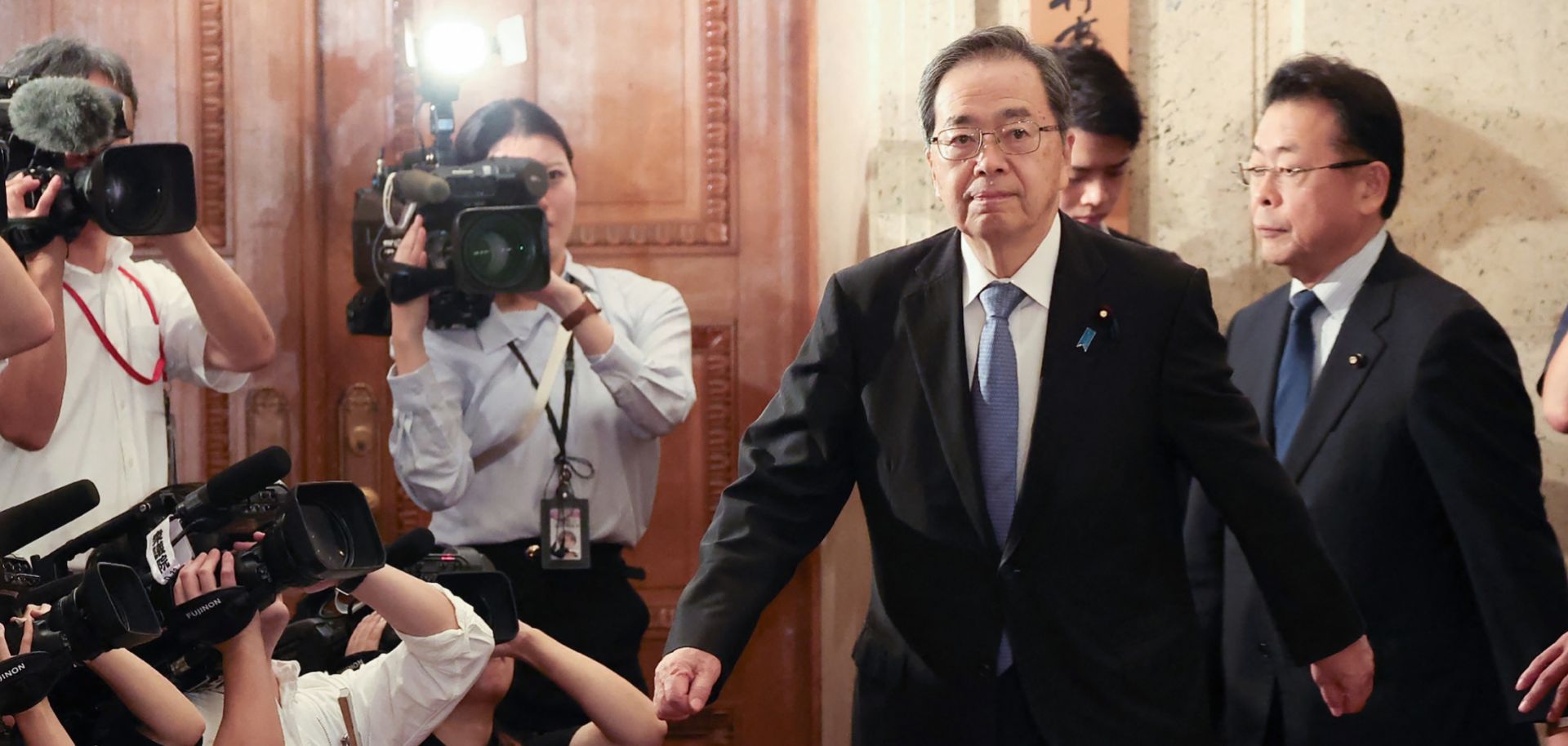 Tetsuo Saito, the leader of Japan's Komeito party, attends a meeting at the Diet in Tokyo on Oct. 10, 2025.