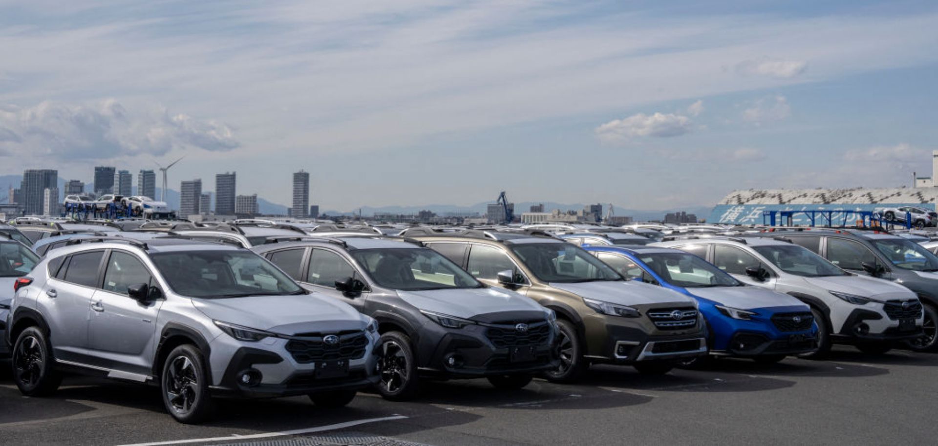 A photo taken on Feb. 21, 2025, shows Subaru vehicles bound for shipment at a port in Yokohama, Japan. 