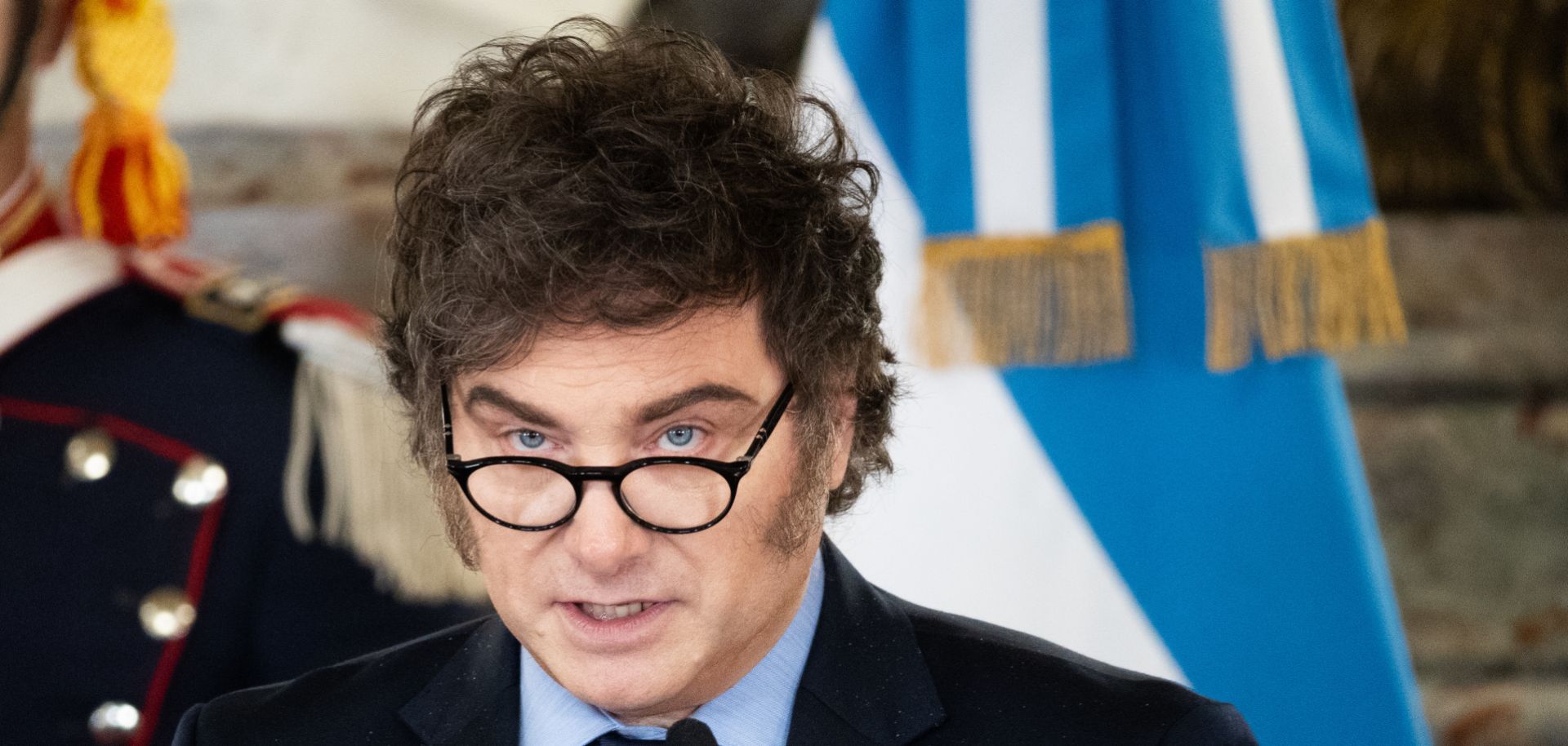 President of Argentina Javier Milei speaks during a joint declaration with Prime Minister of Italy Giorgia Meloni (not in frame) on Nov. 20, 2024, in Buenos Aires, Argentina. 