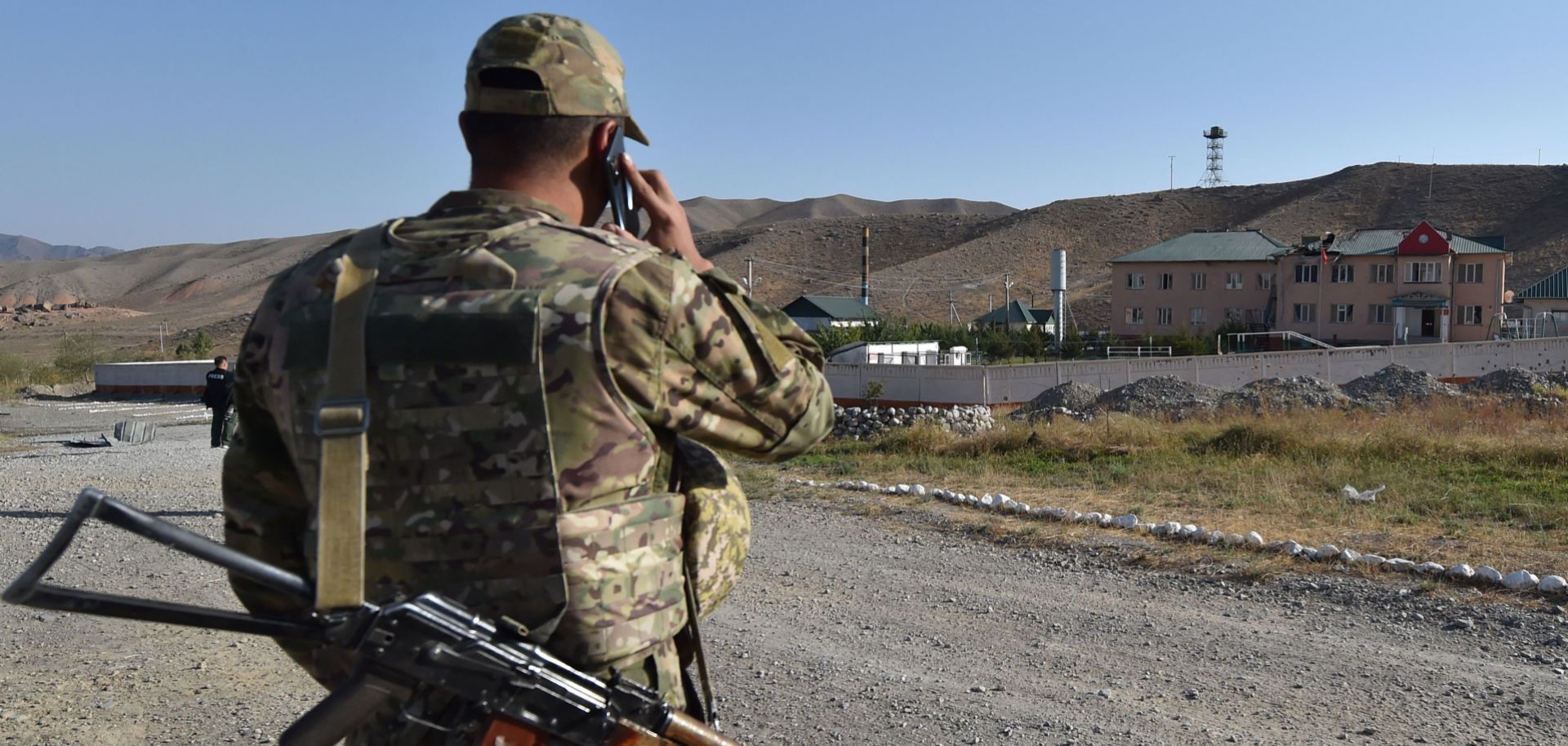 A Kyrgyz serviceman at the Kyrgyz-Tajik border Sept. 20, 2022, in Min-Bulak, Kyrgyzstan.