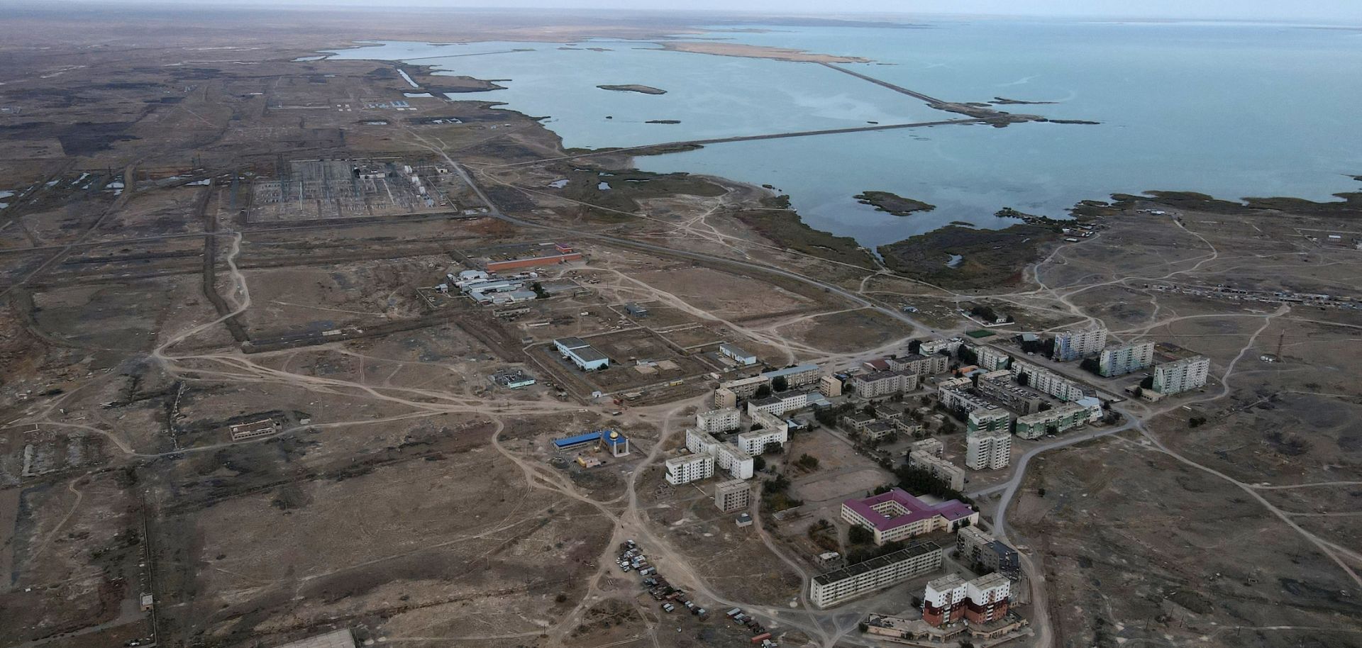 An aerial view shows the Kazakh village of Ulken (foreground), where the country's first nuclear power plant is set to be built, on Sept. 22, 2024.