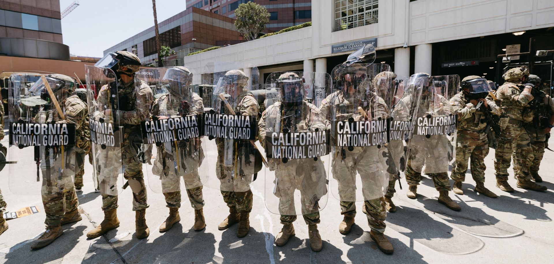 National Guard troops stand in front of a government building during a protest in Los Angeles, California, on June 8, 2025. 
