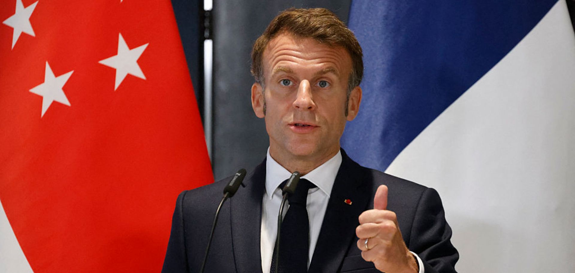 French President Emmanuel Macron holds a press briefing during his trip to Singapore on May 30, 2025. 