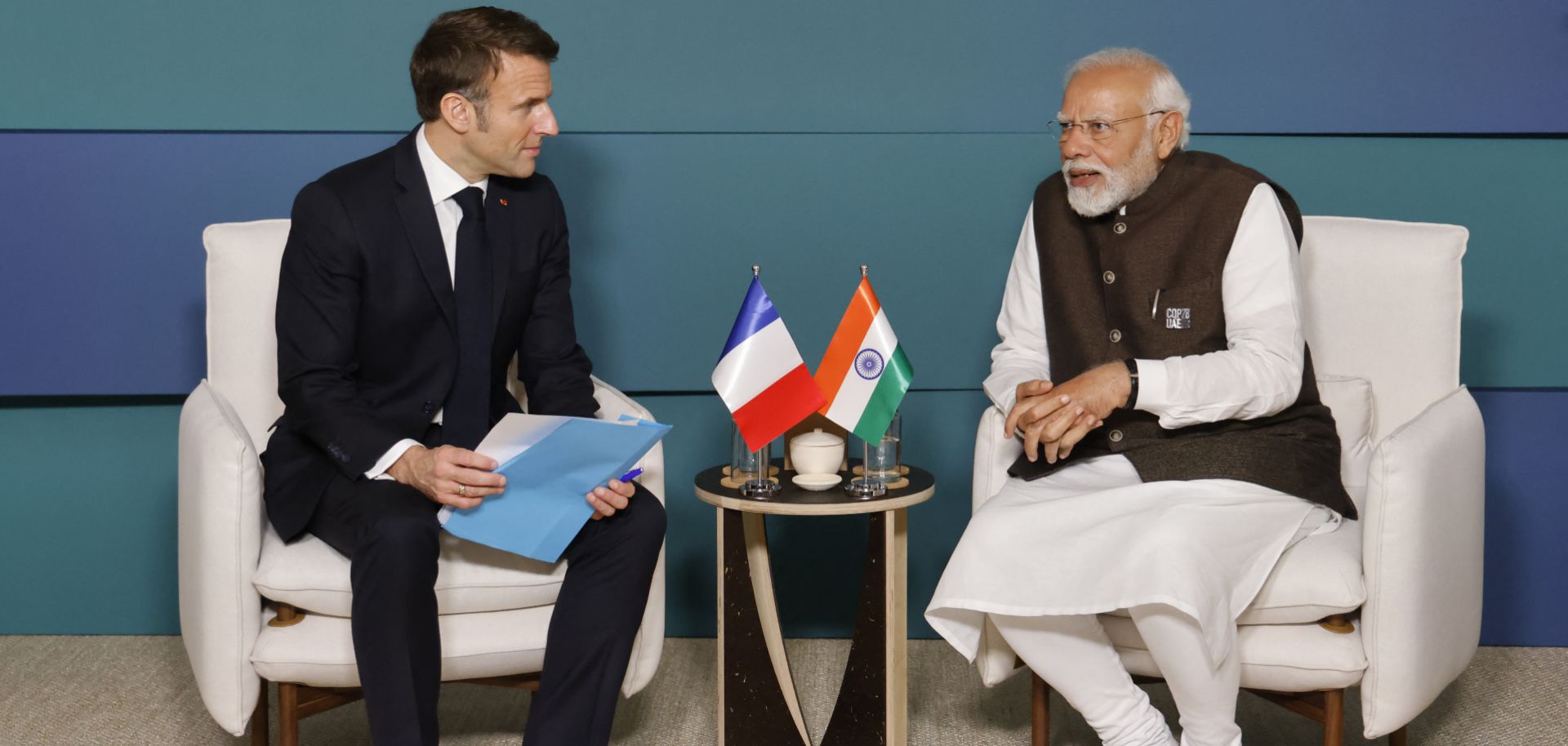 India Prime Minister Narendra Modi (R) meets with French President Emmanuel Macron on Dec. 1, 2023, in Dubai.