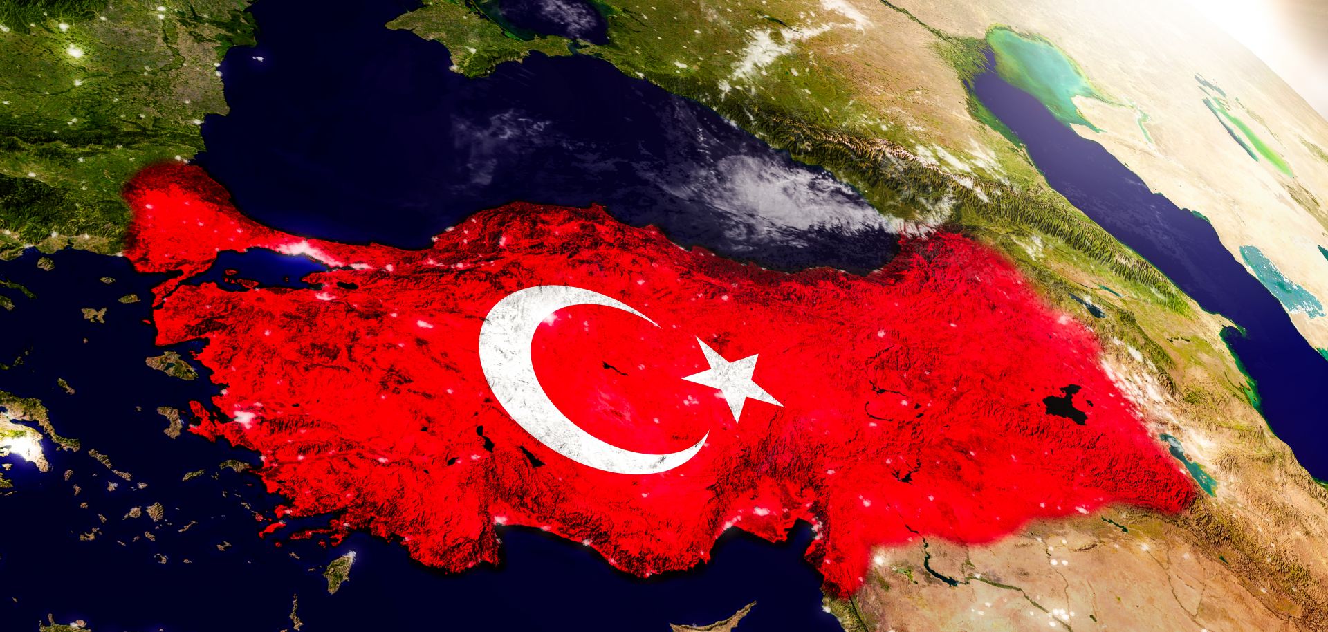 A 3D map of Turkey with a flag embedded into the planet's surface during sunrise.