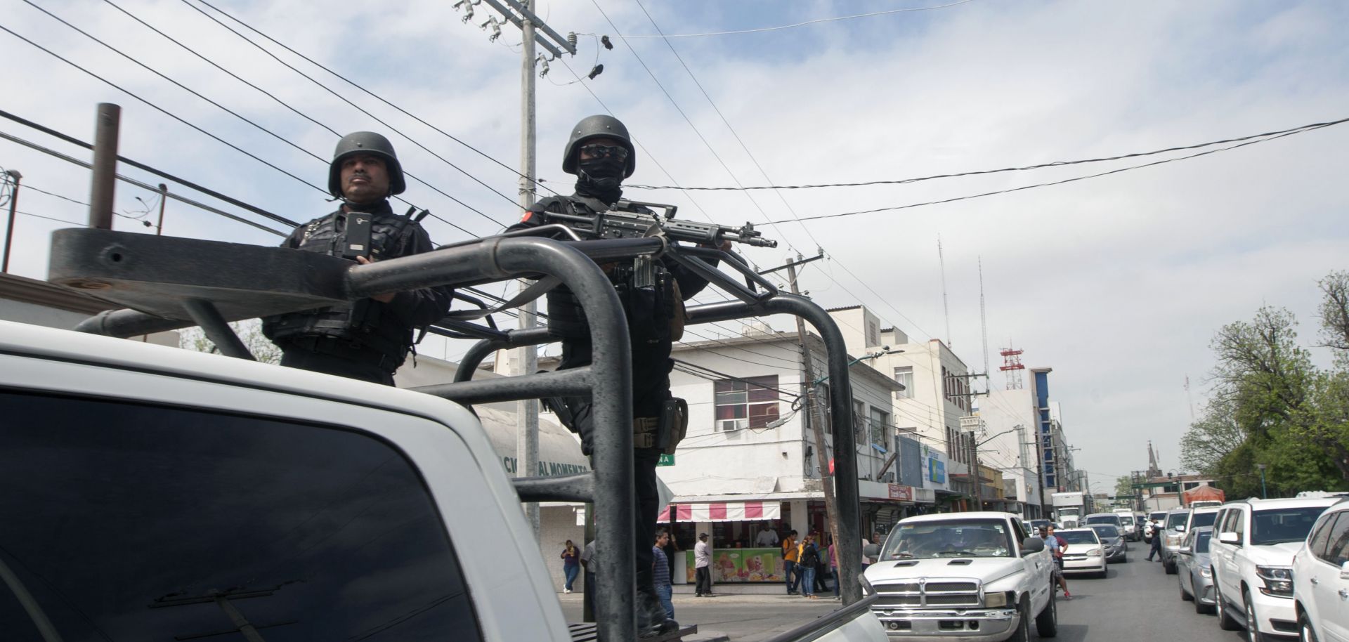 Police officers patrol Nuevo Laredo, Mexico, during April 2018.