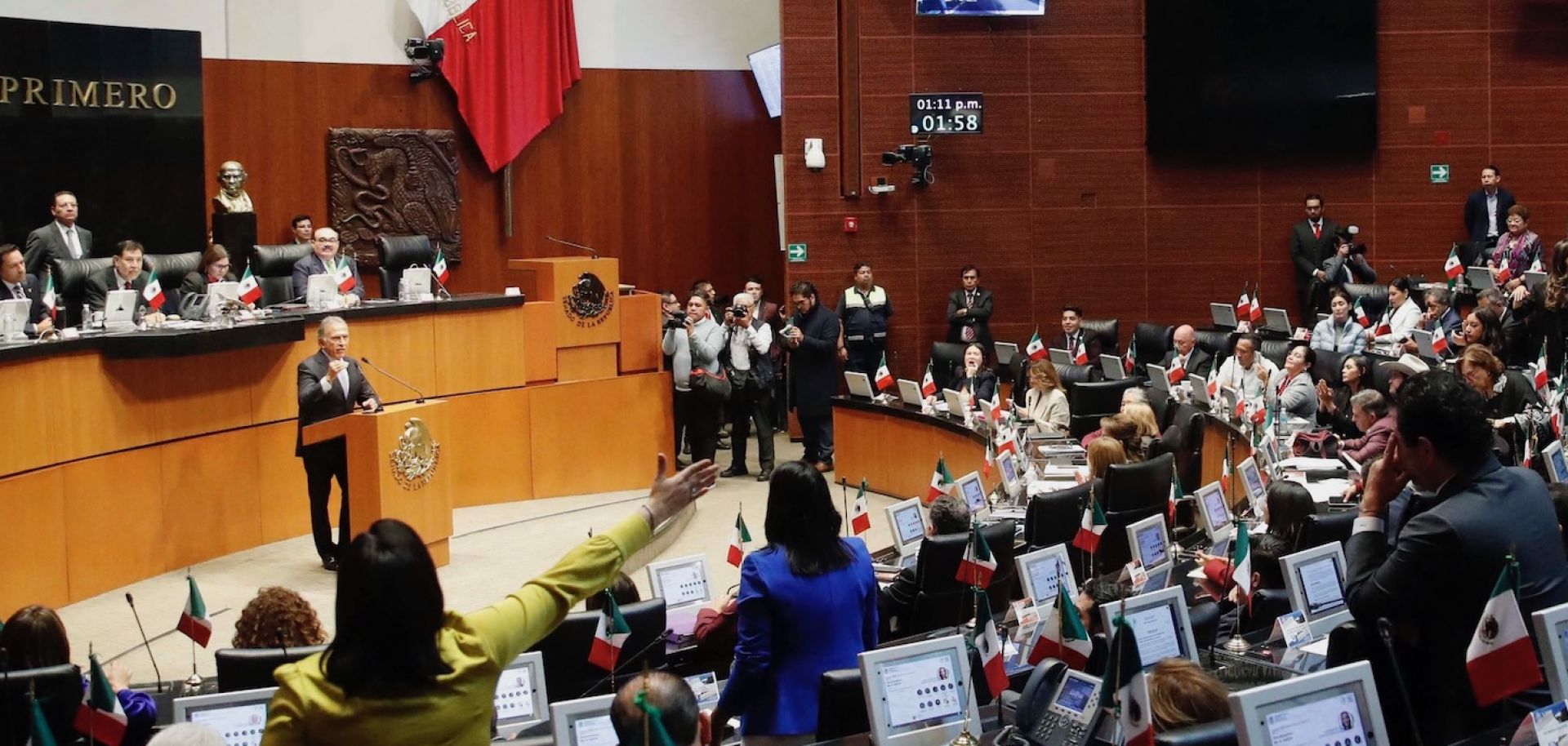 National Action Party Sen. Miguel Angel Yunes Linares (L) addresses lawmakers in the legislature's upper house about the judicial reform proposed by the government in Congress in Mexico City, Mexico, on Sept. 10, 2024. 