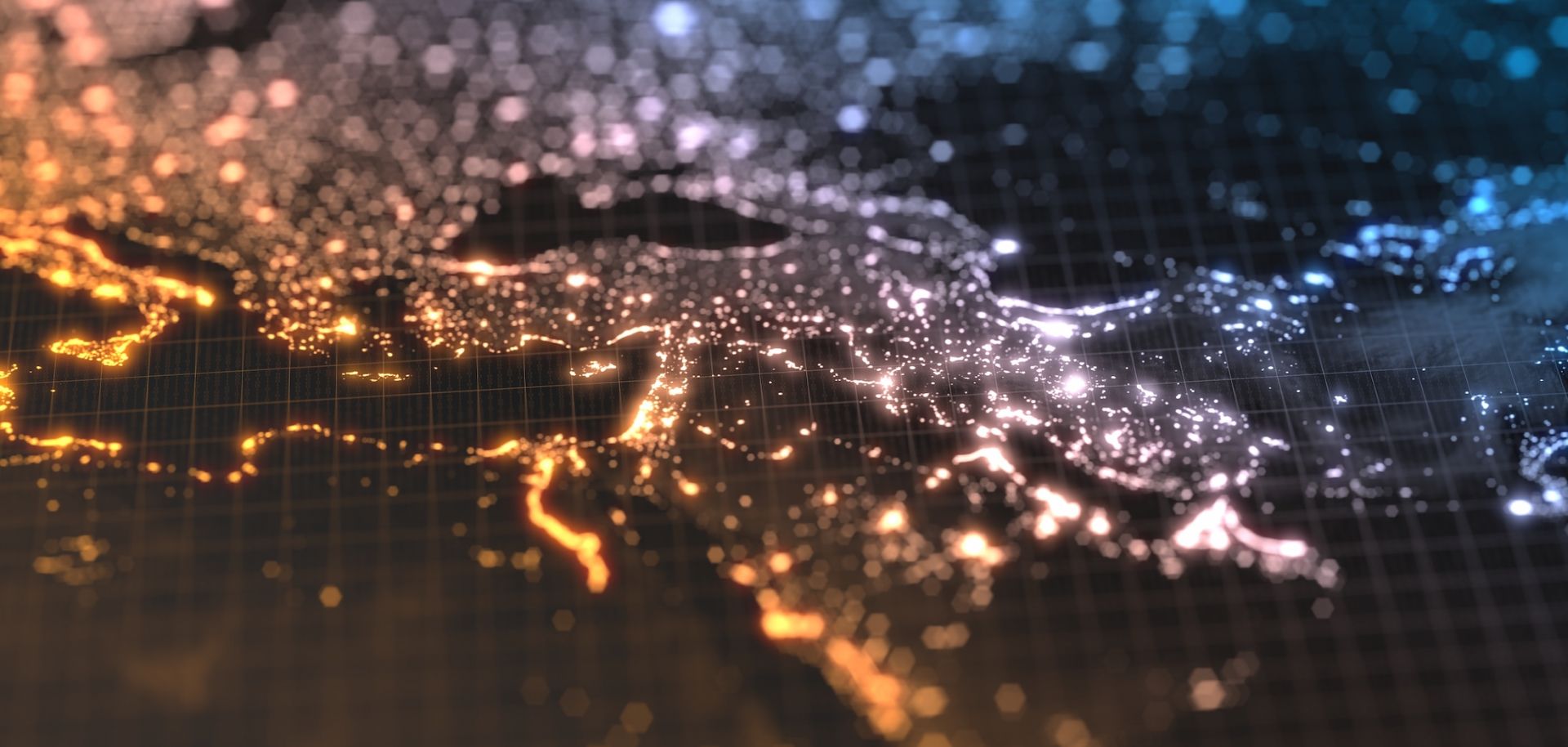 A dark earth map of the Middle East with glowing details of cities and human population density areas.