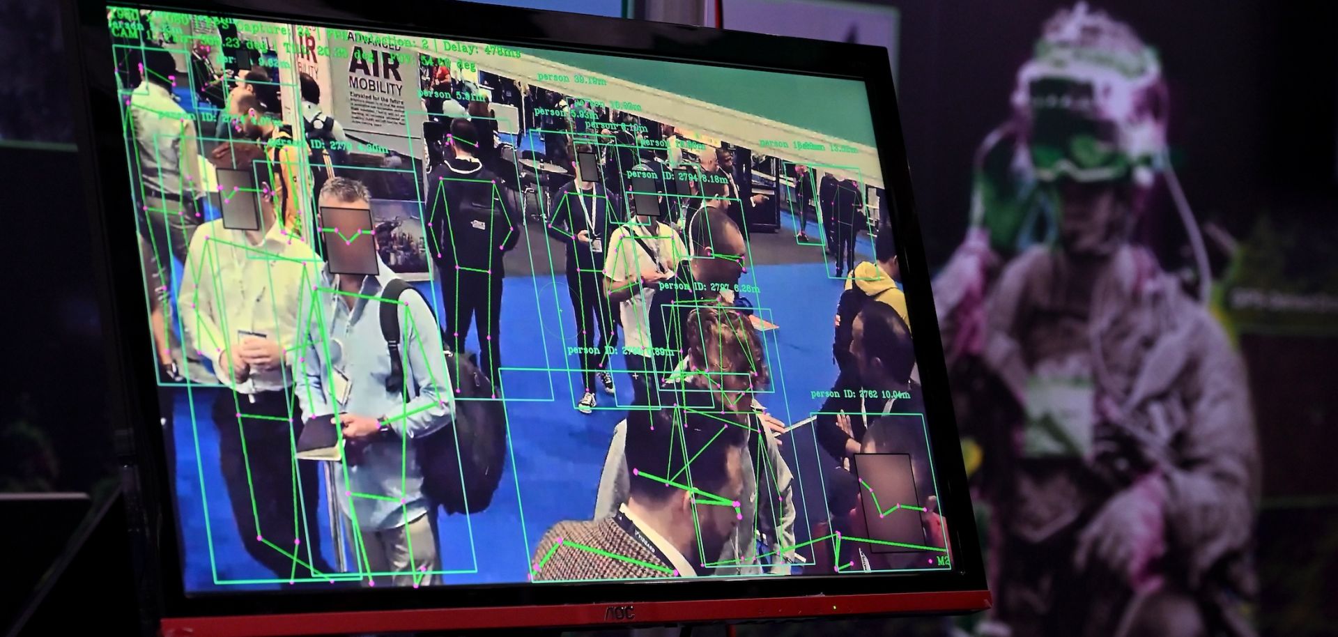 The Vizgard FortifAI software-based Artificial Intelligence (AI) engine for surveillance monitoring is displayed during the DroneX expo in London, the United Kingdom, on Sept. 26, 2023.