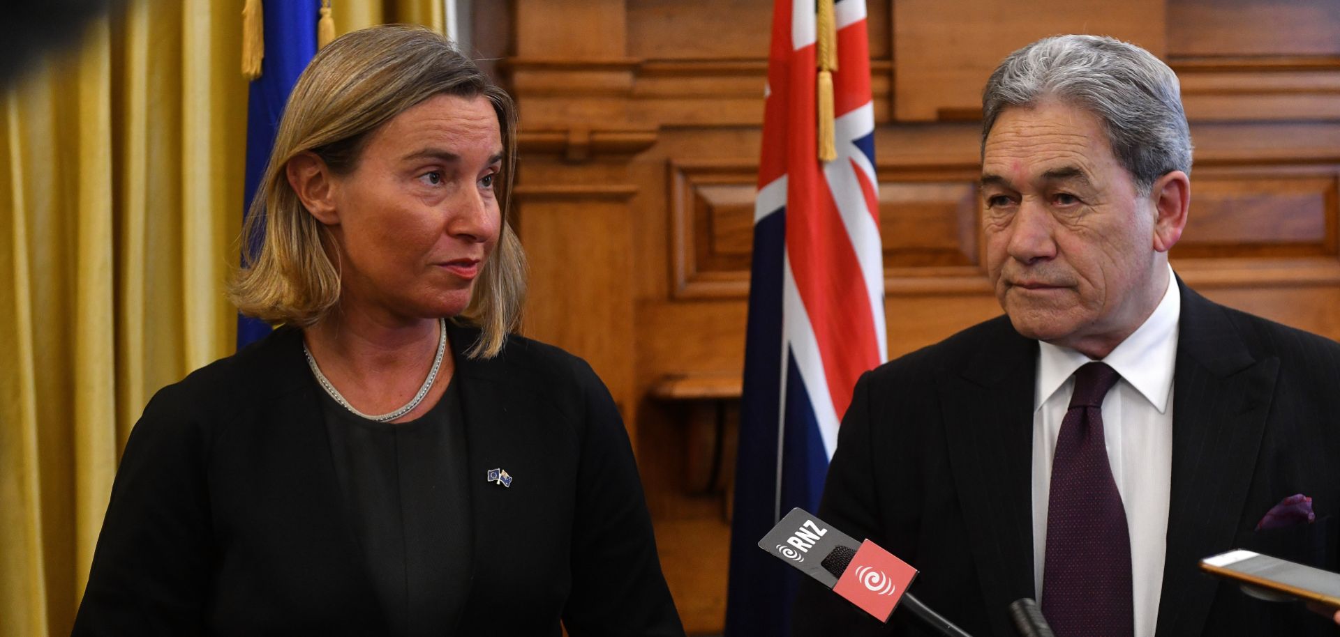 Federica Mogherini (L), head of EU foreign affairs, meets with New Zealand's foreign minister, Winston Peters, during a trip to Wellington on Aug. 7, 2018.