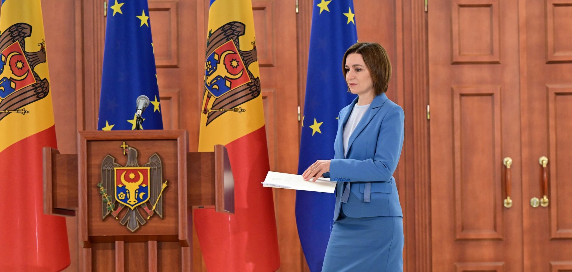 Moldovan President Maia Sandu arrives to hold a press conference in Chisinau on Sept. 29, 2025, after her pro-EU party secured a victory in parliamentary elections. 