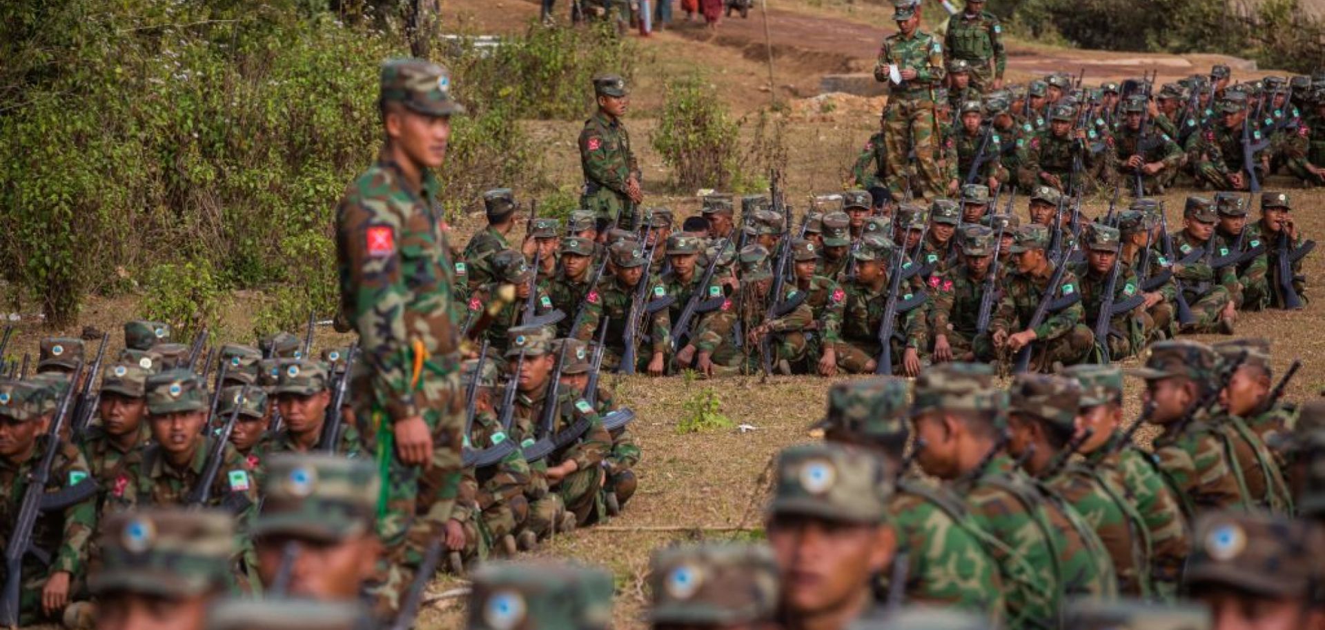 A photo taken on Jan. 11, 2022, shows soldiers from the Taaung National Liberation Army (TNLA), a Palaung ethnic armed group, gathering in Myanmar's northern Shan state.