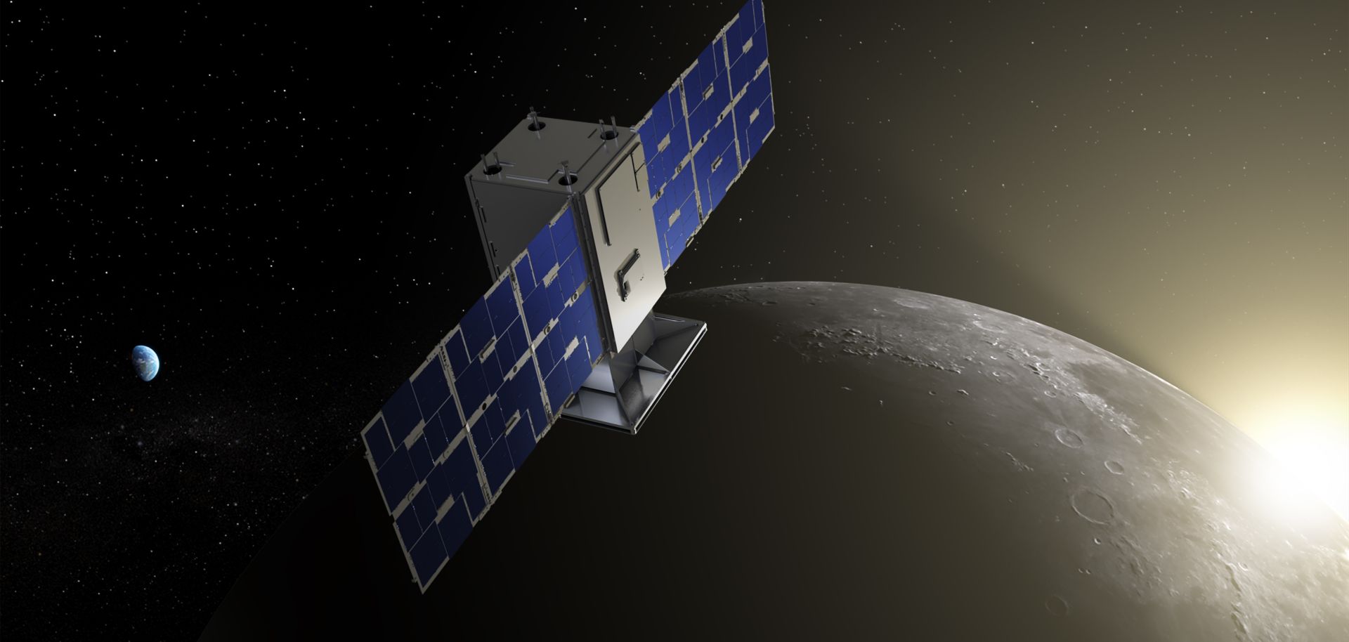 An artist's rendering of NASA Capstone, which will be the first spacecraft to test the so-called near-rectilinear halo orbit around the moon.