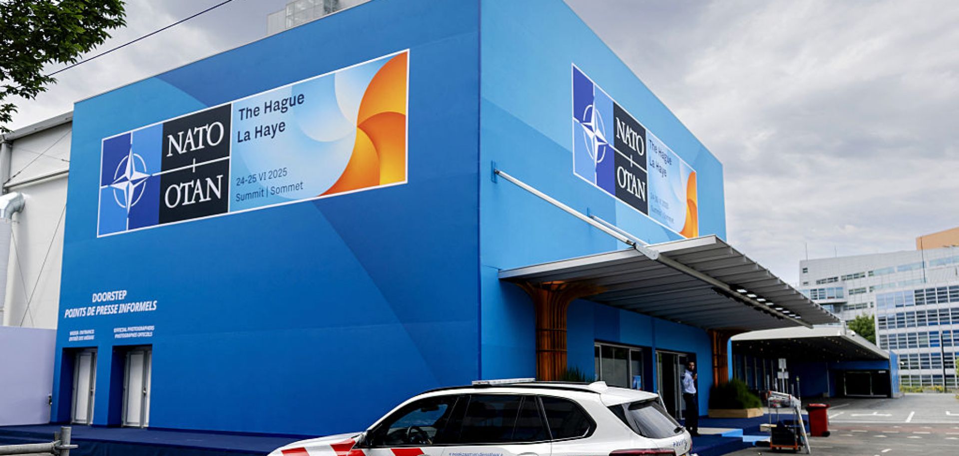 The entrance of the building where the 2025 NATO summit will be held is seen in The Hague, the Netherlands, on June 22, 2025.