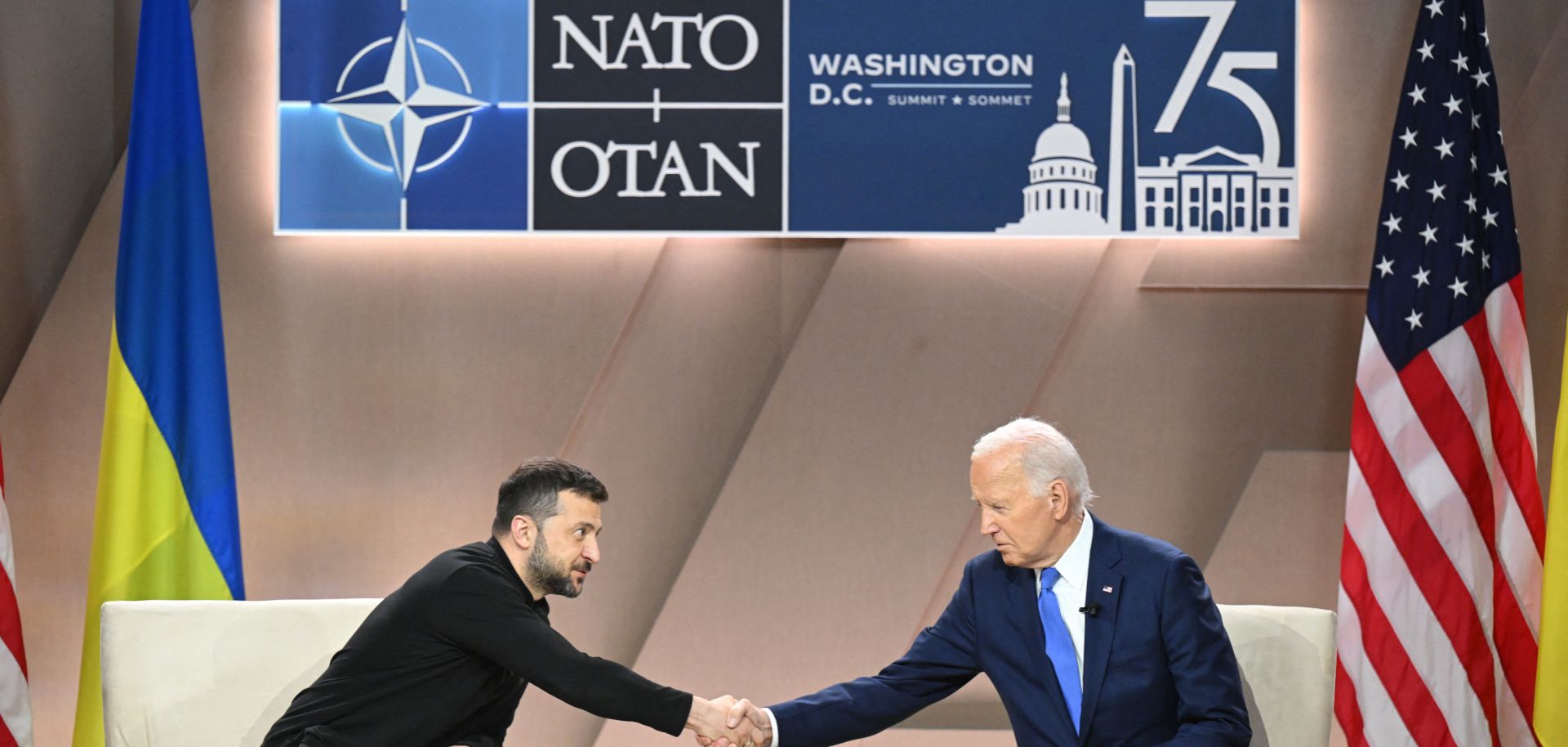 U.S. President Joe Biden meets with Ukrainian President Volodymyr Zelensky on the sidelines of the NATO summit in Washington D.C. on July 11, 2024.