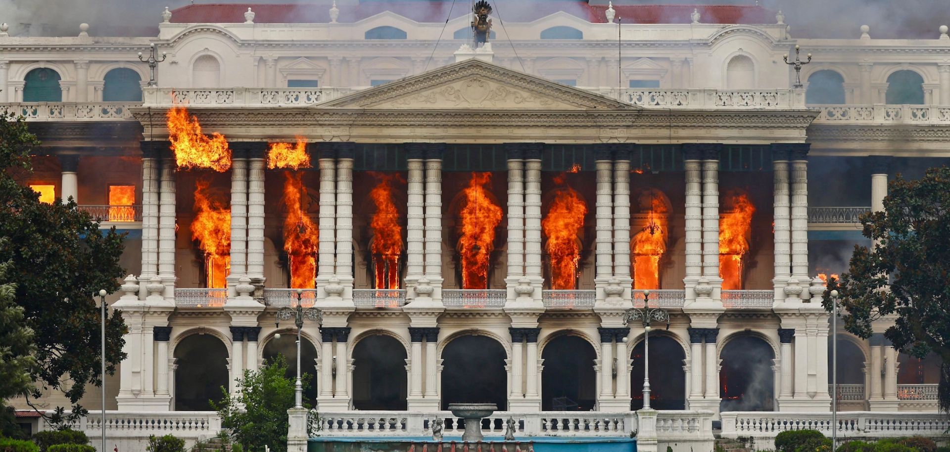 Fire rages through the Singha Durbar, the main administrative building for the Nepal government, in Kathmandu on Sept. 9, 2025, after youth protesters set fire to the building. 
