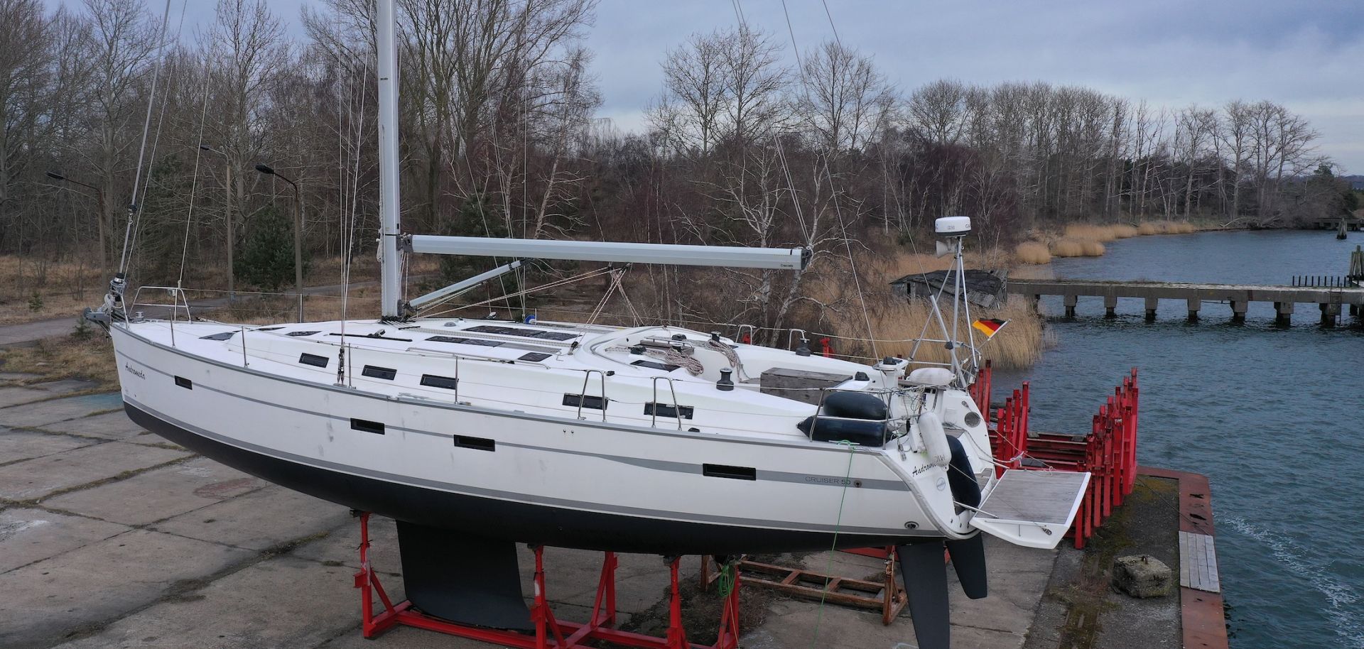 A recreational sailing yacht suspected of use in the sabotage of undersea gas pipelines stands in dry dock on the headland of Bug on Ruegen Island on March 17, 2023, near Dranske, Germany.