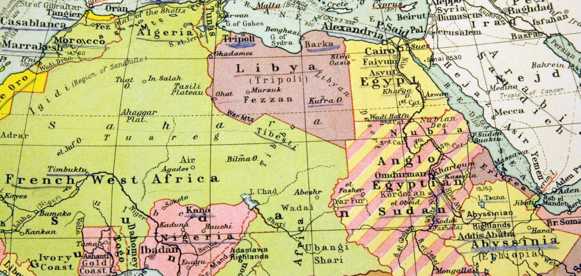 An old map labels African countries and regions by their colonial names.